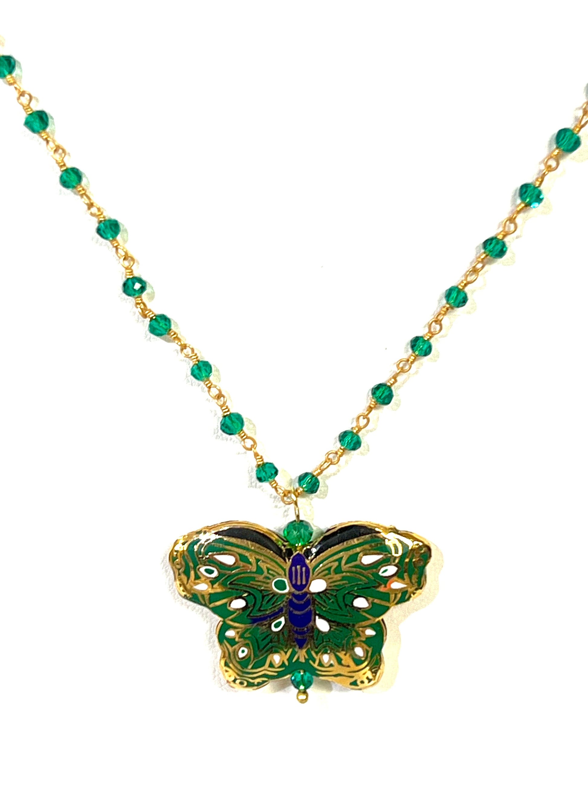 Traditional Cloisonné Double Sided Vintage Butterfly pendant with matching Green Onyx Necklace 18”plus 3"Extension. Beautiful Butterfly gift