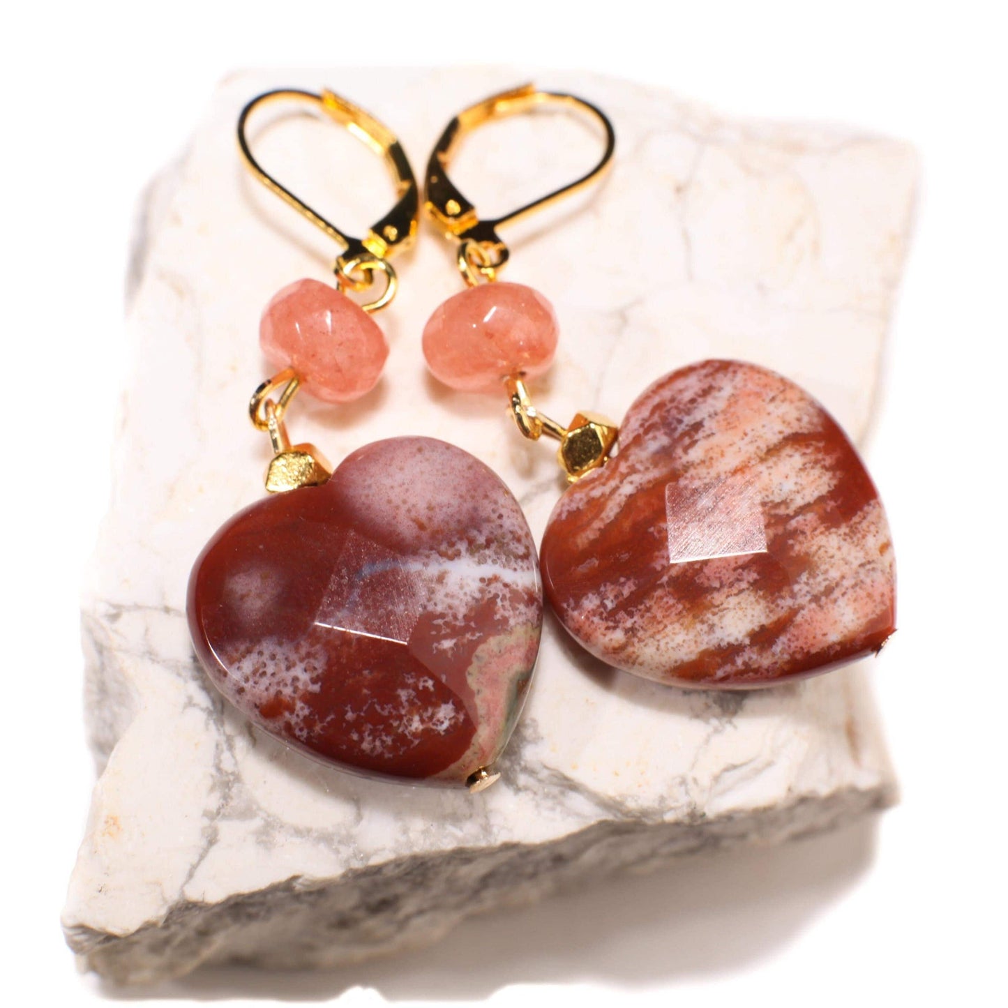 Ocean Jasper 20mm Large Faceted Heart, Peach Aventurine Spacers Dangle Earrings, Vintage Natural Gemstone Handmade Gift For Her