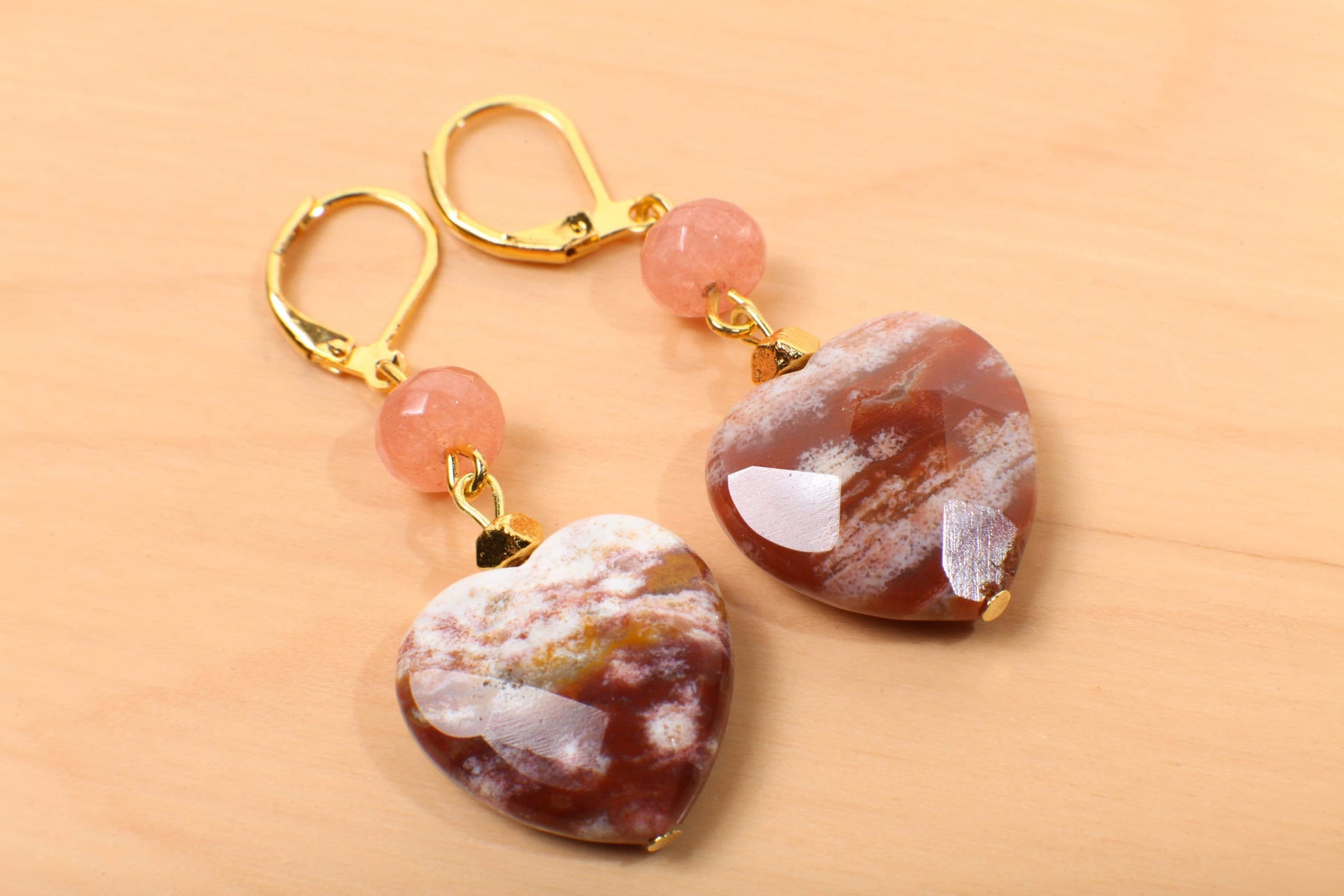 Ocean Jasper 20mm Large Faceted Heart, Peach Aventurine Spacers Dangle Earrings, Vintage Natural Gemstone Handmade Gift For Her