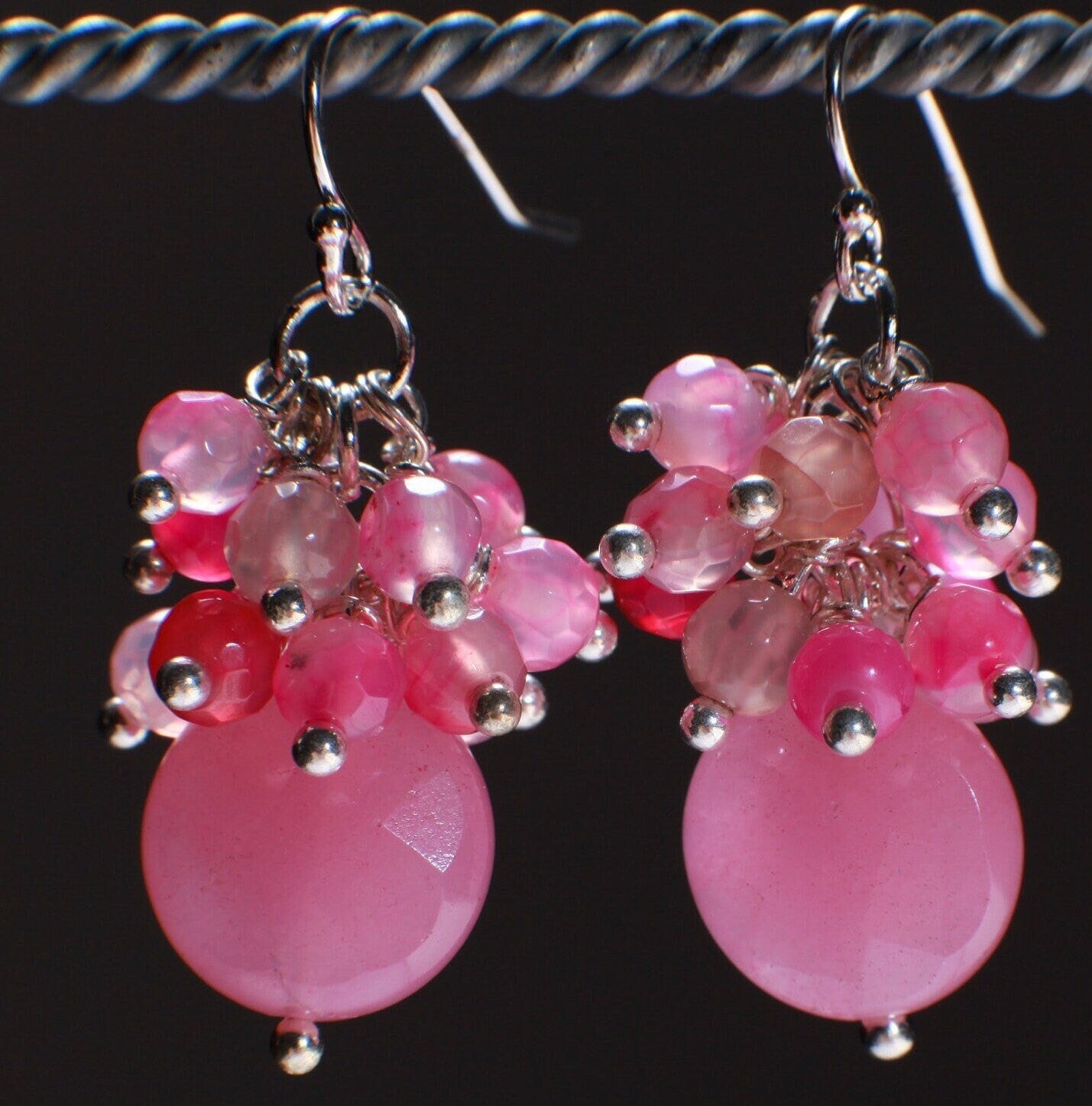 Natural Fire Agate Wire Wrapped Clusters Dangling Hot Pink Fuchsia Coin Shape in 925 Sterling Silver Earwire Earrings, Handmade gift for her