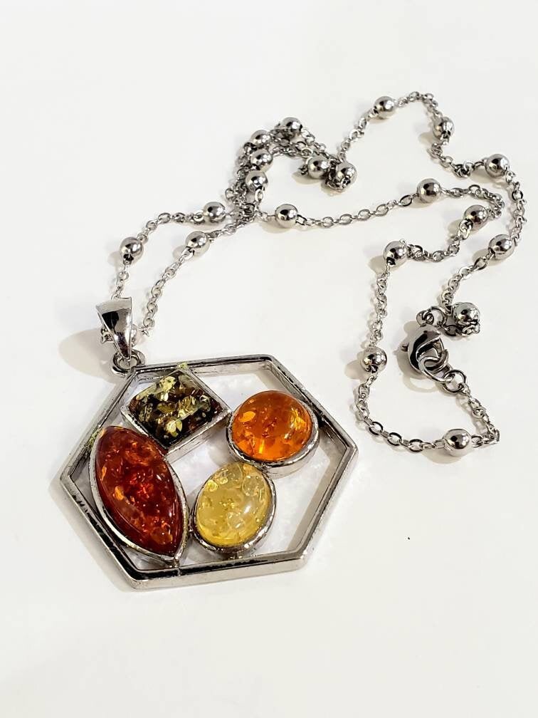 Honey yellow and green resin amber rhodium silver large pendant and rhodium silver 20" ball cable chain , vintage women gift for her.