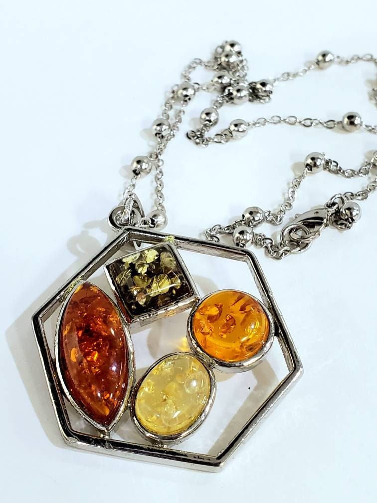 Honey yellow and green resin amber rhodium silver large pendant and rhodium silver 20" ball cable chain , vintage women gift for her.