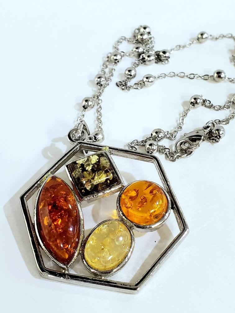 Honey yellow and green resin amber rhodium silver large pendant and rhodium silver 20" ball cable chain , vintage women gift for her.