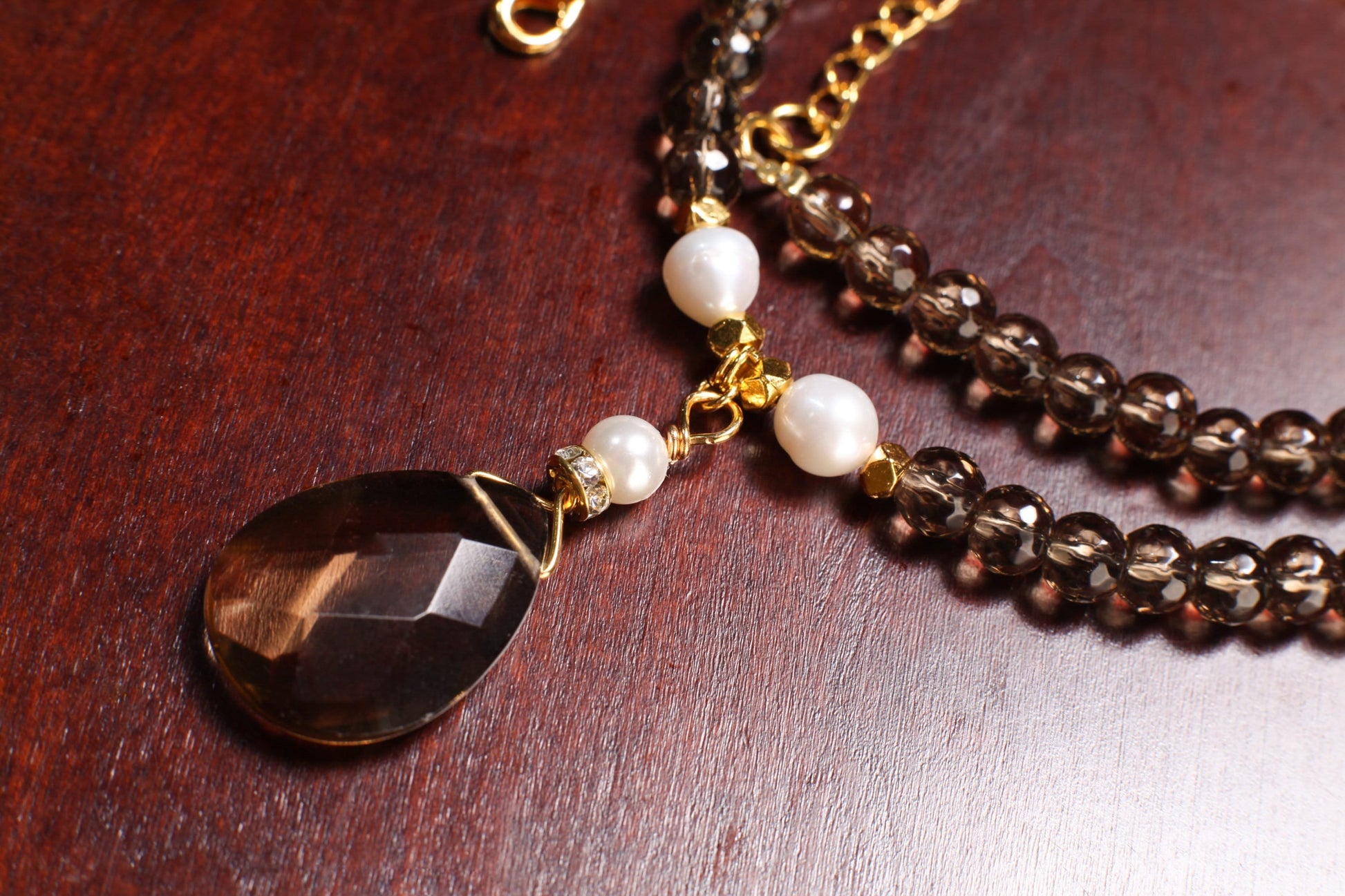 Genuine Smokey Quartz Faceted Pear Drop 18x25mm Pendant, Freshwater 7mm Pearl, Smokey Qz 6mm faceted bead, 19" Necklace with 1.5" Extension