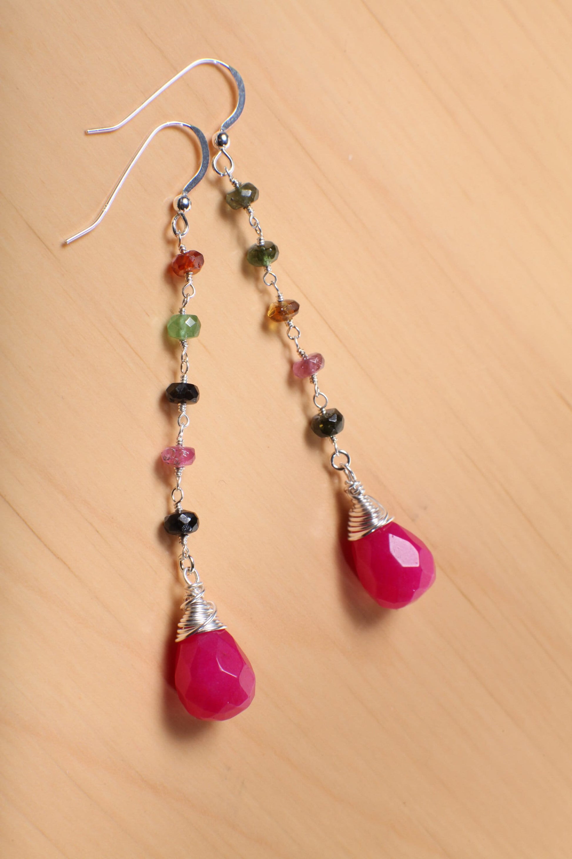 Watermelon Tourmaline Wire Wrapped Dangling Fuchsia Hot Pink Quartz in 925 Sterling Silver Earwire, Handmade Gift For Her