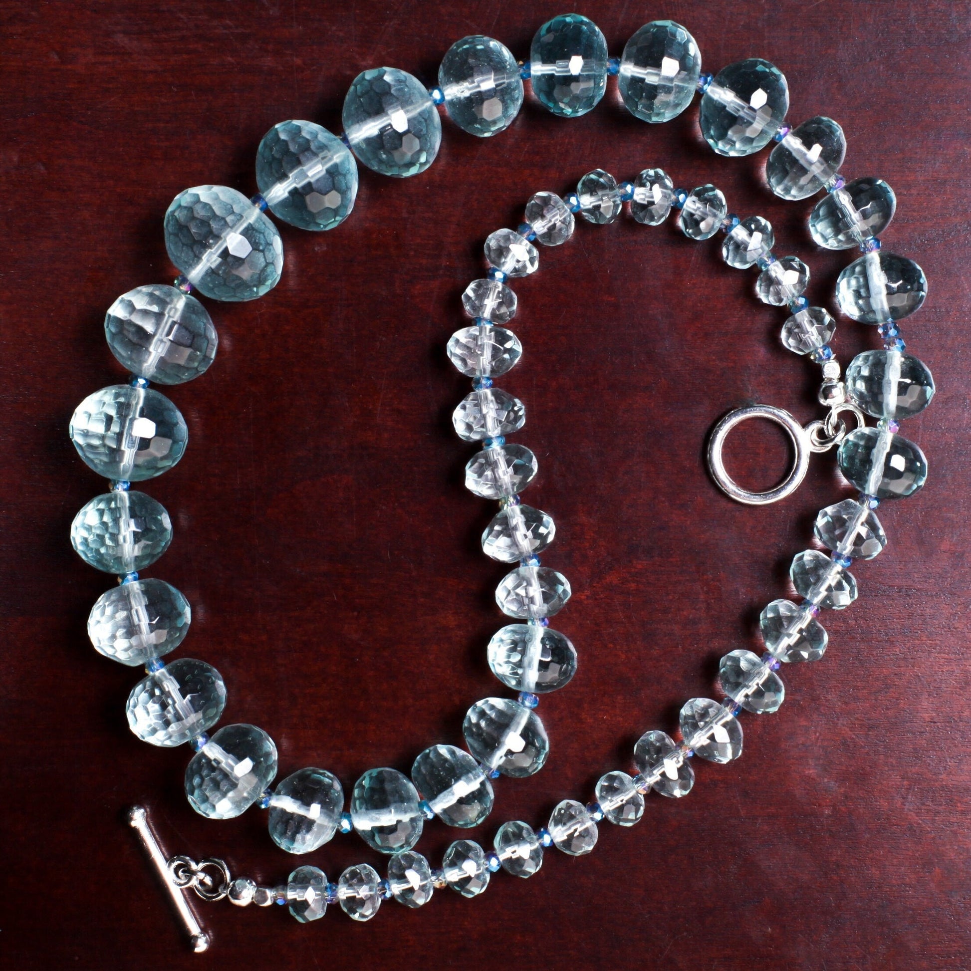 Aqua Quartz Faceted Graduated Rondelle 20.5" Necklace, silver Toggle Clasp, Gift for her