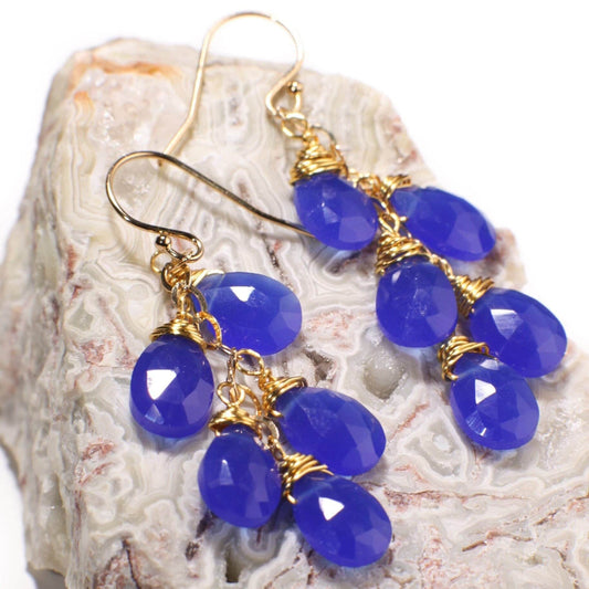 Royal Blue ,Cobalt blue Chalcedony Faceted 7x11mm pear Drop Cascade Dangling Wire Wrap earrings,14k Gold Filled or 925 sterling silver