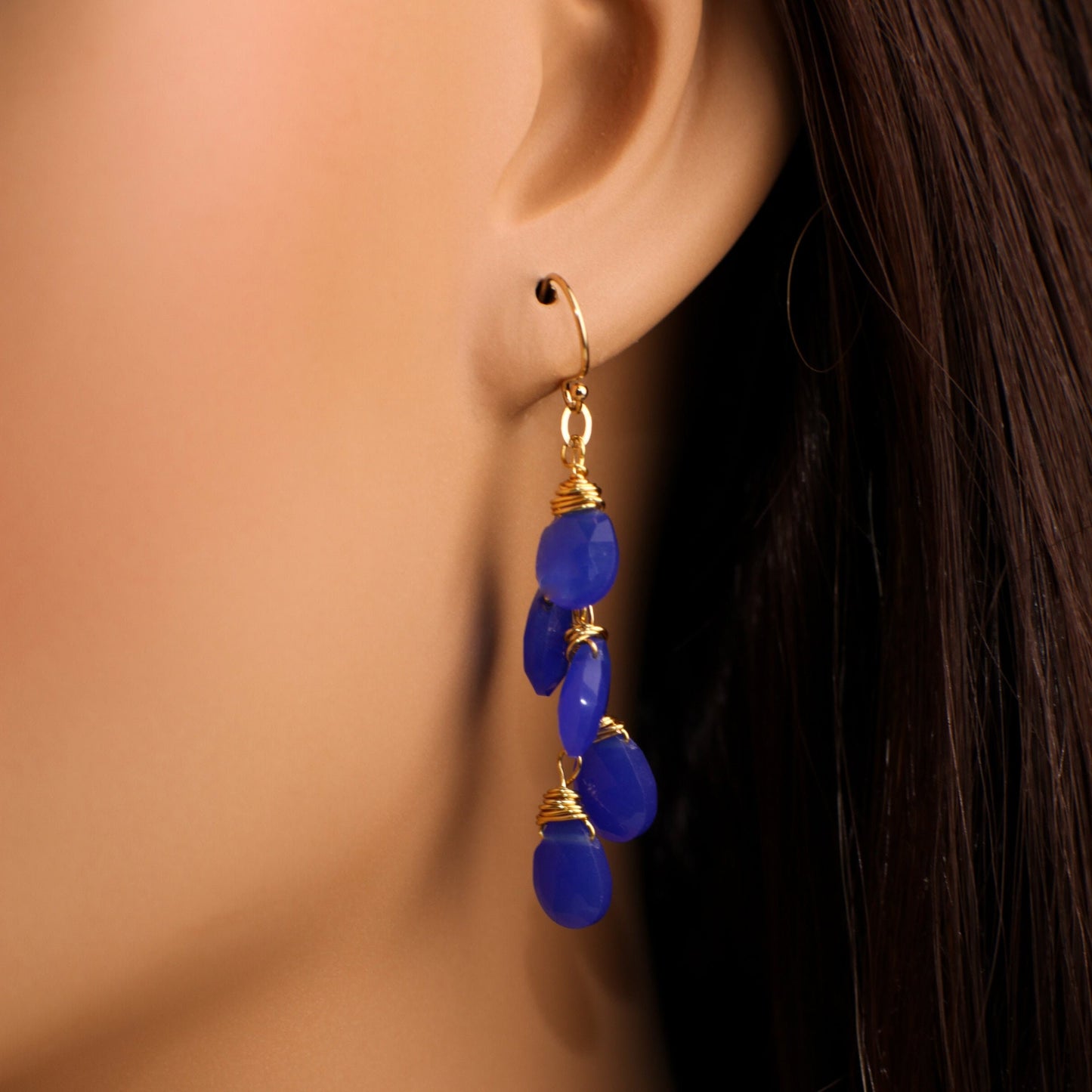 Royal Blue ,Cobalt blue Chalcedony Faceted 7x11mm pear Drop Cascade Dangling Wire Wrap earrings,14k Gold Filled or 925 sterling silver