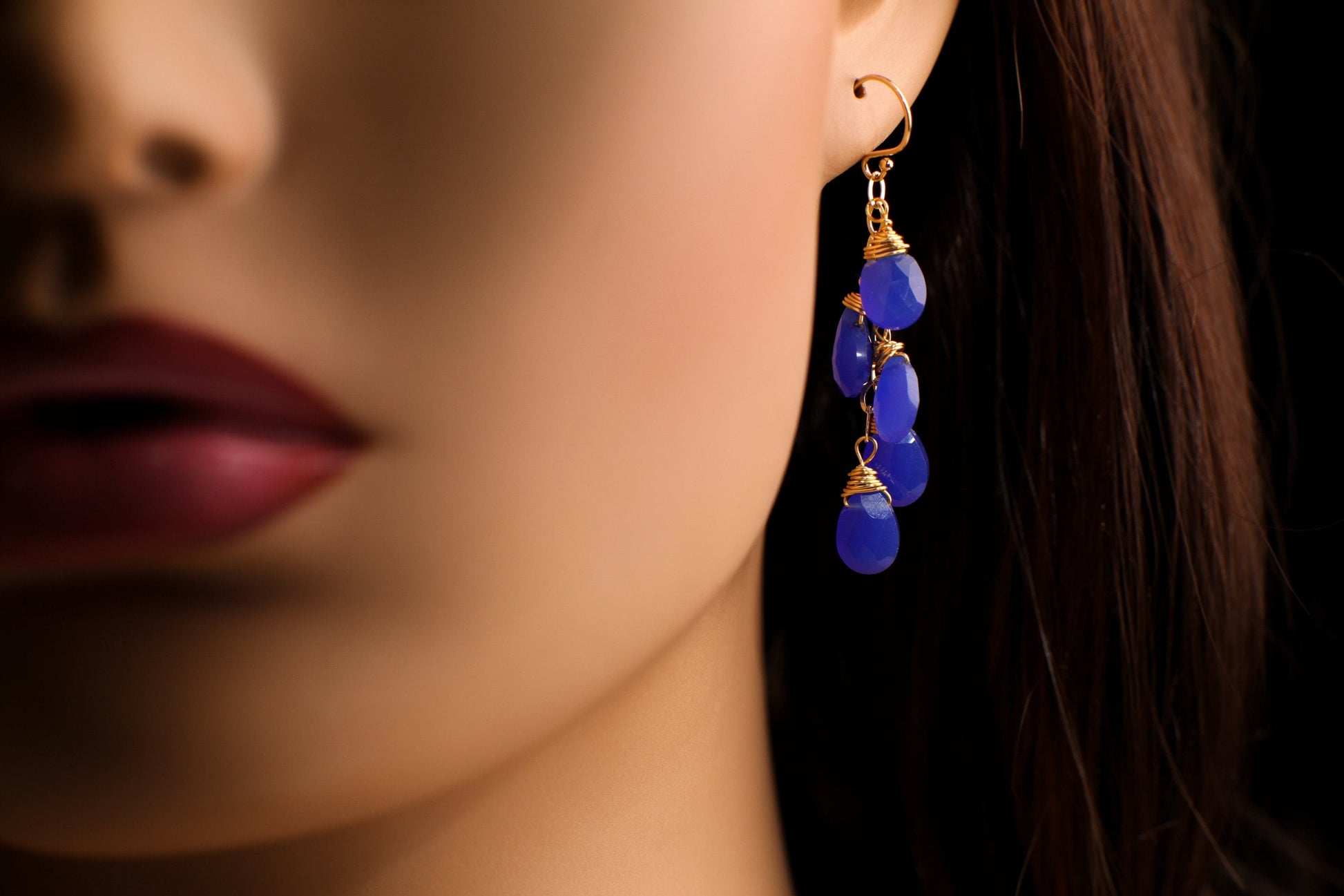 Royal Blue ,Cobalt blue Chalcedony Faceted 7x11mm pear Drop Cascade Dangling Wire Wrap earrings,14k Gold Filled or 925 sterling silver
