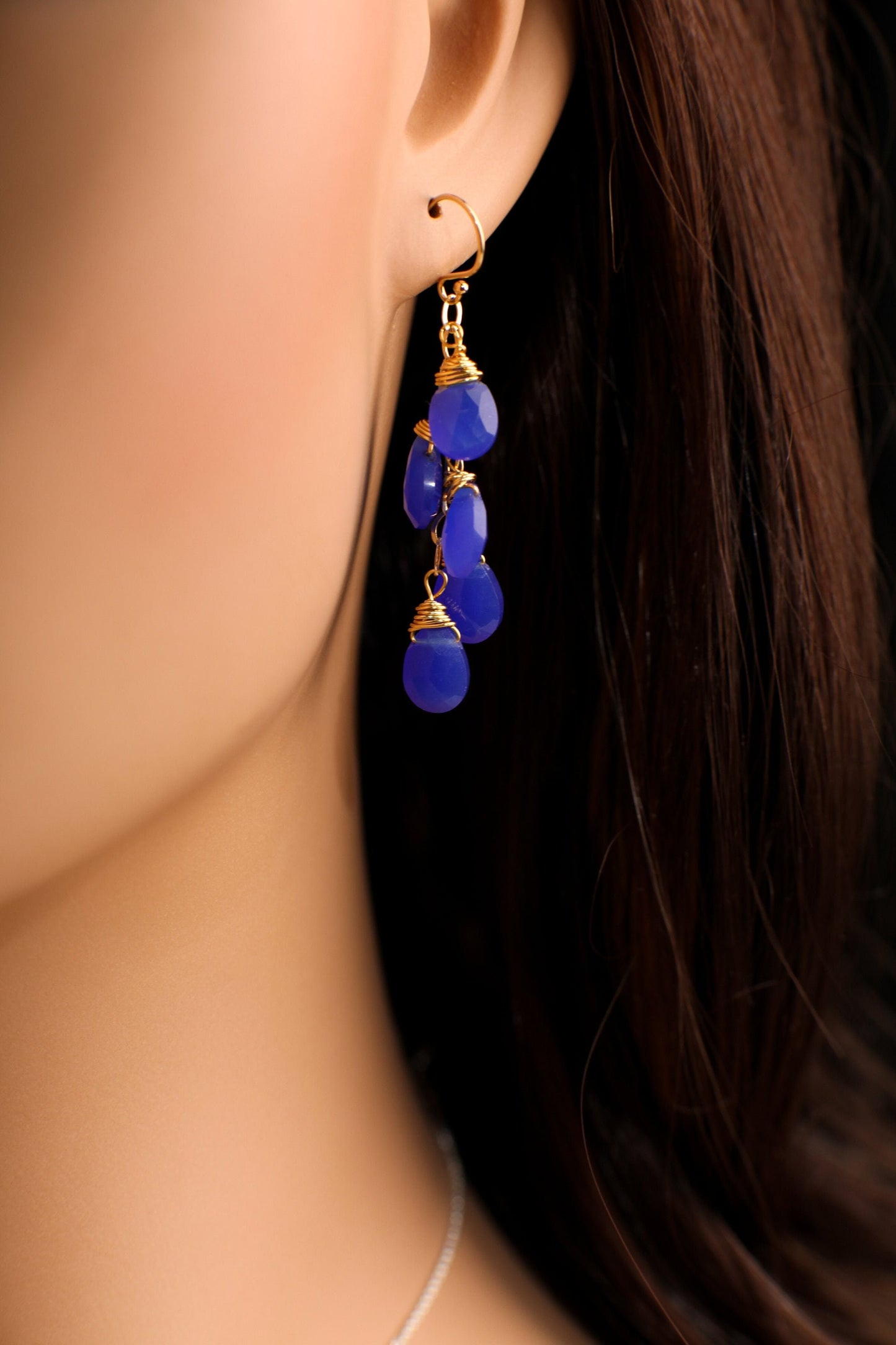Royal Blue ,Cobalt blue Chalcedony Faceted 7x11mm pear Drop Cascade Dangling Wire Wrap earrings,14k Gold Filled or 925 sterling silver