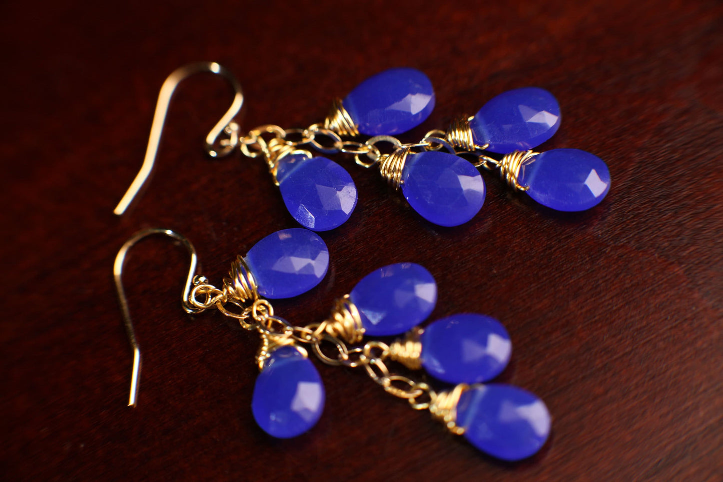 Royal Blue ,Cobalt blue Chalcedony Faceted 7x11mm pear Drop Cascade Dangling Wire Wrap earrings,14k Gold Filled or 925 sterling silver