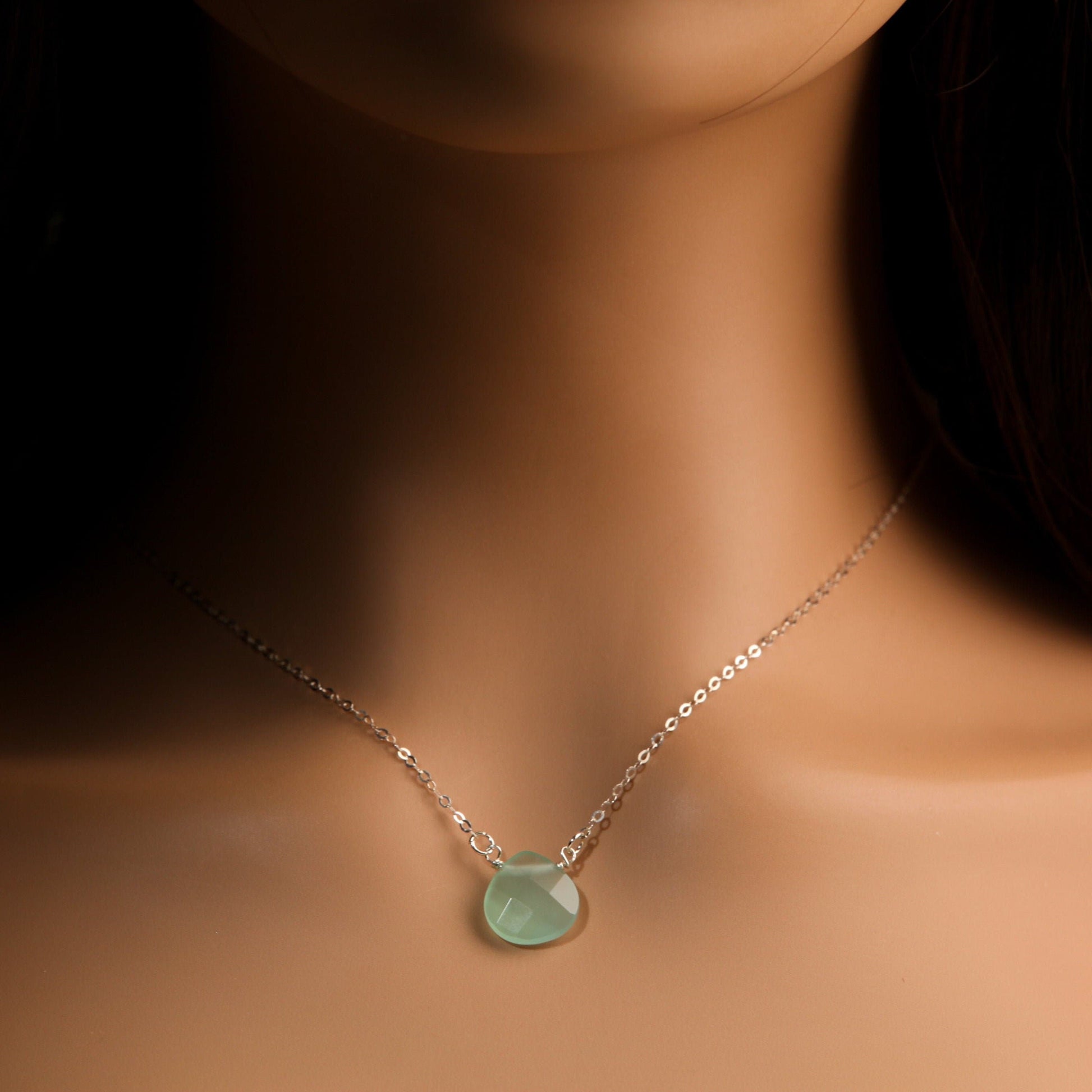 Aqua Chalcedony Faceted Heart Briolette Teardrop AAA Quality 13.5mm Cut Gems in 925 Sterling Silver Necklace valentines gift