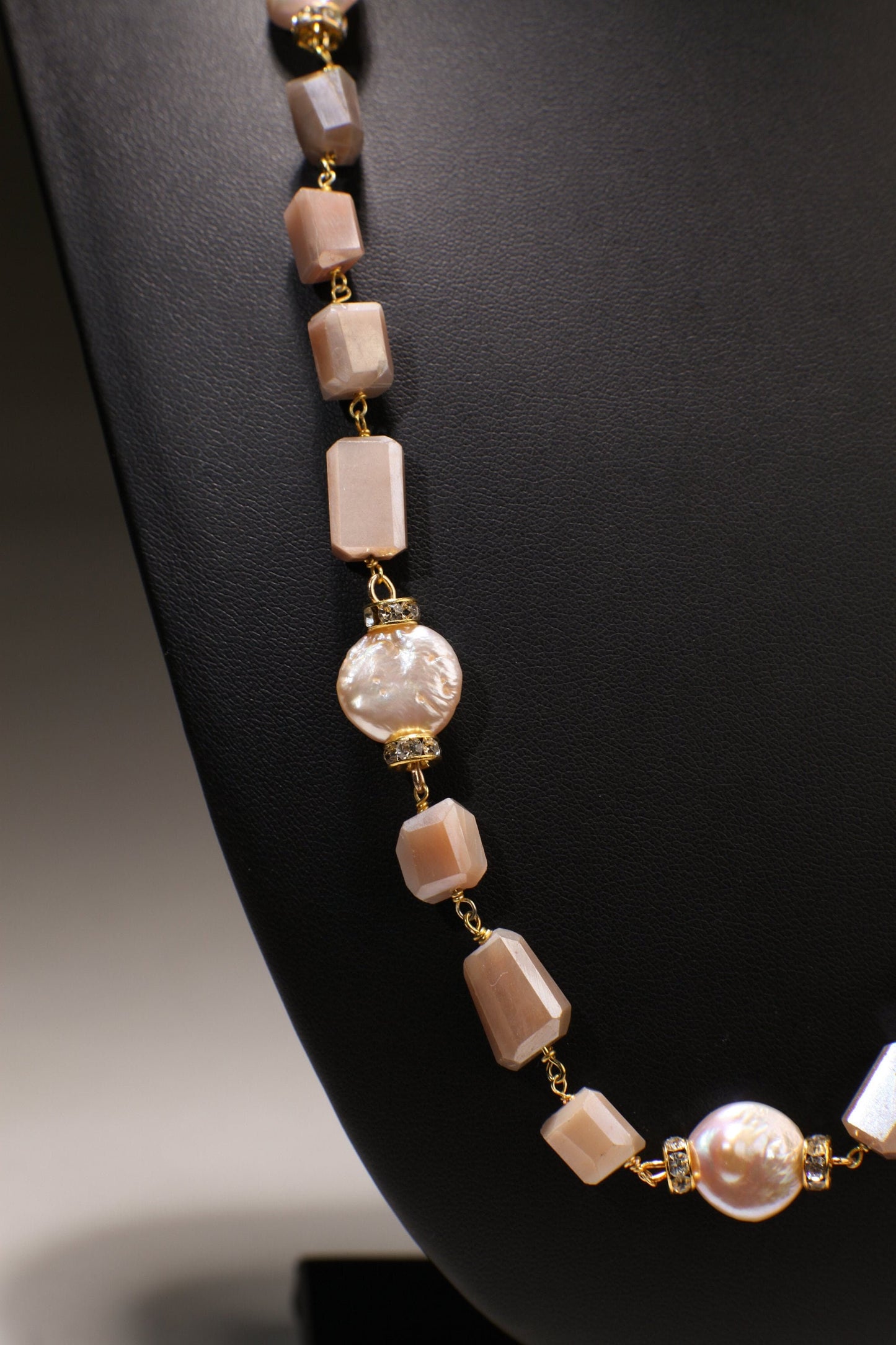 8x10mm Faceted Peach Moonstone Nugget Wire Wrapped with 12mm Freshwater Pearl Coin shape Necklace 20"