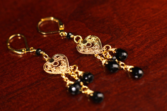 Natural Black Onyx Dangling Filigree Chandelier Heart, Faceted Onyx Spacers Wire Wrapped Gold Earrings, Handmade Gift for Her