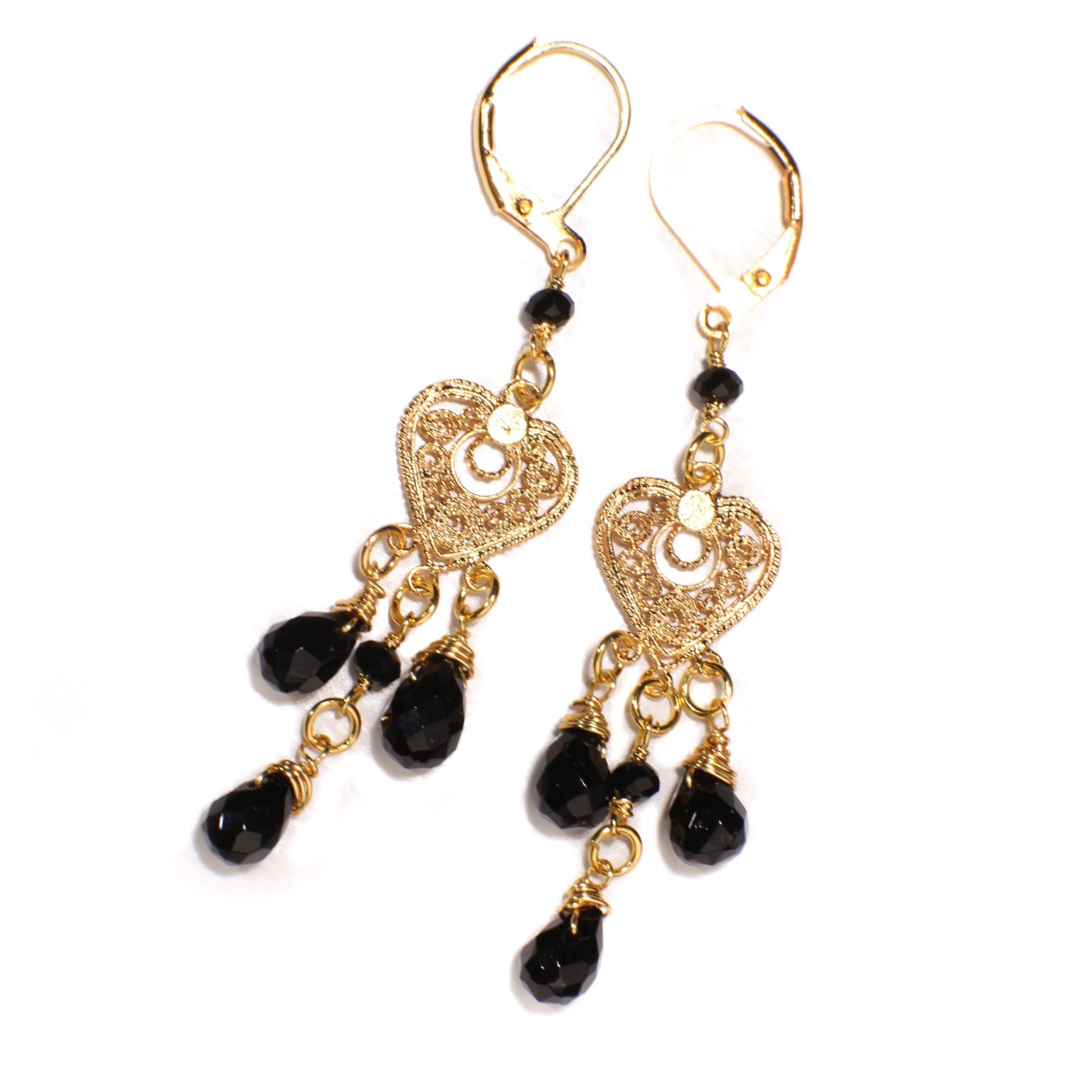 Natural Black Onyx Dangling Filigree Chandelier Heart, Faceted Onyx Spacers Wire Wrapped Gold Earrings, Handmade Gift for Her