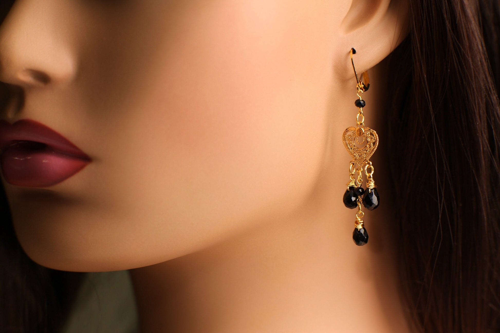 Natural Black Onyx Dangling Filigree Chandelier Heart, Faceted Onyx Spacers Wire Wrapped Gold Earrings, Handmade Gift for Her