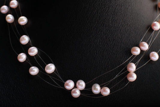 Natural Fresh Water Cultured Pearl Pink 5 Line Floating Bridal Illusion 16&quot; Adjustable Plus 2&quot; Extension Necklace,