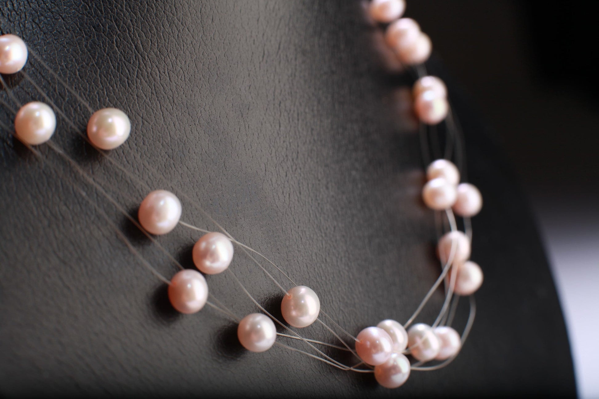 Natural Fresh Water Cultured Pearl Pink 5 Line Floating Bridal Illusion 16&quot; Adjustable Plus 2&quot; Extension Necklace,