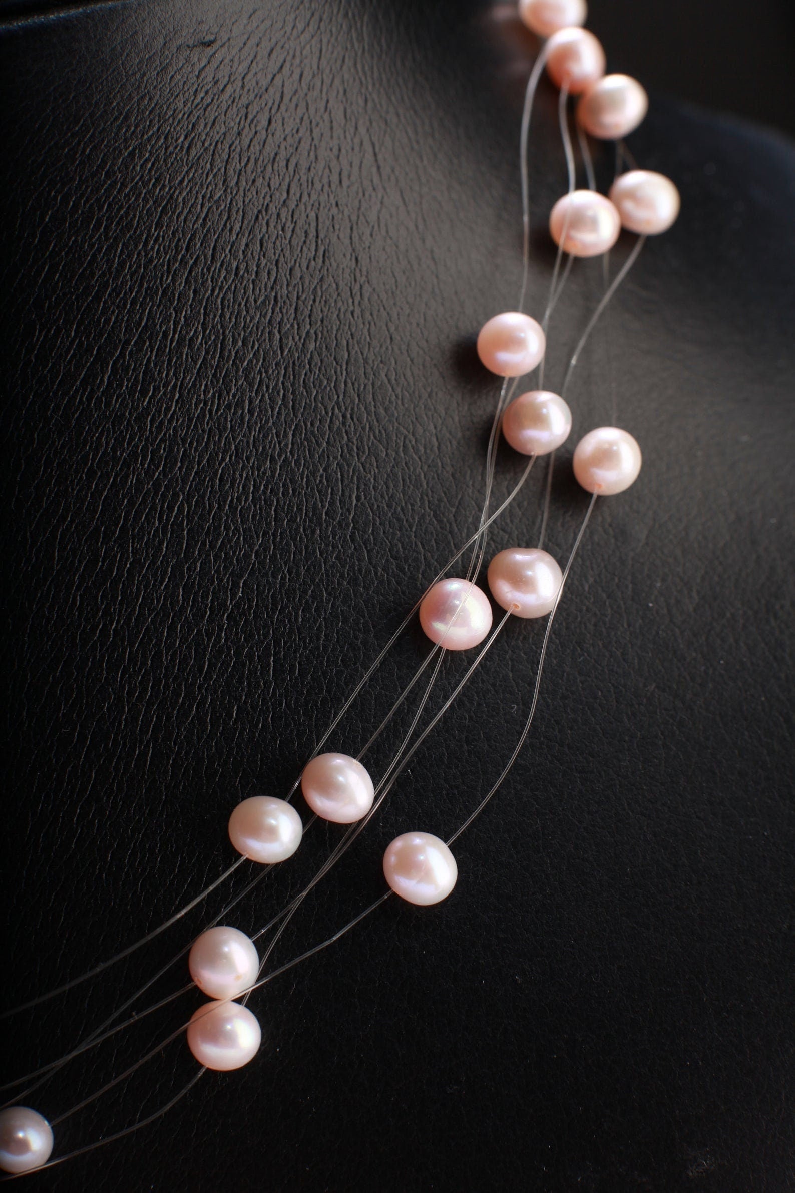 Natural Fresh Water Cultured Pearl Pink 5 Line Floating Bridal Illusion 16&quot; Adjustable Plus 2&quot; Extension Necklace,