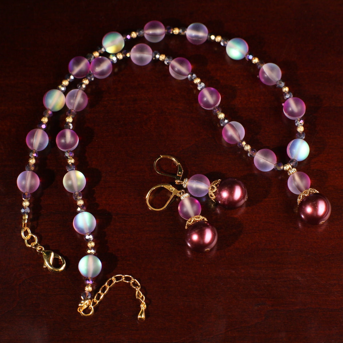Matte Purple Sea Glass 10mm, South Sea Seashell Pearl, Matching Earrings Jewelry Set. 14mm Pearl Centerpiece 18" Necklace 2" Extension Chain