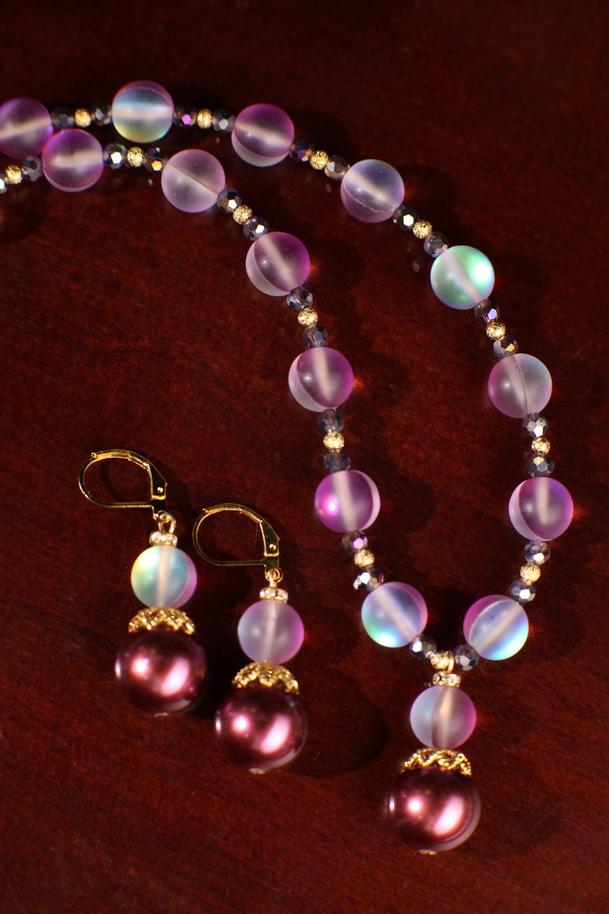 Matte Purple Sea Glass 10mm, South Sea Seashell Pearl, Matching Earrings Jewelry Set. 14mm Pearl Centerpiece 18" Necklace 2" Extension Chain