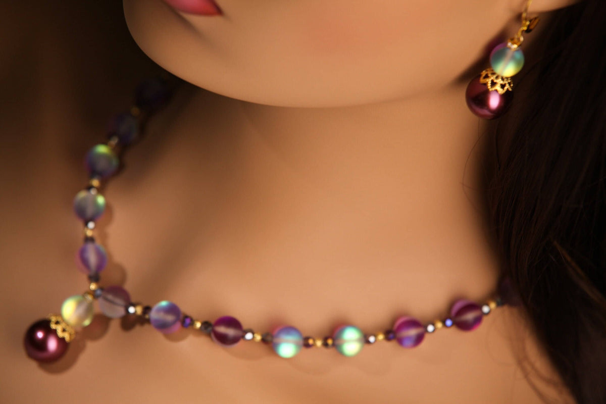 Matte Purple Sea Glass 10mm, South Sea Seashell Pearl, Matching Earrings Jewelry Set. 14mm Pearl Centerpiece 18" Necklace 2" Extension Chain