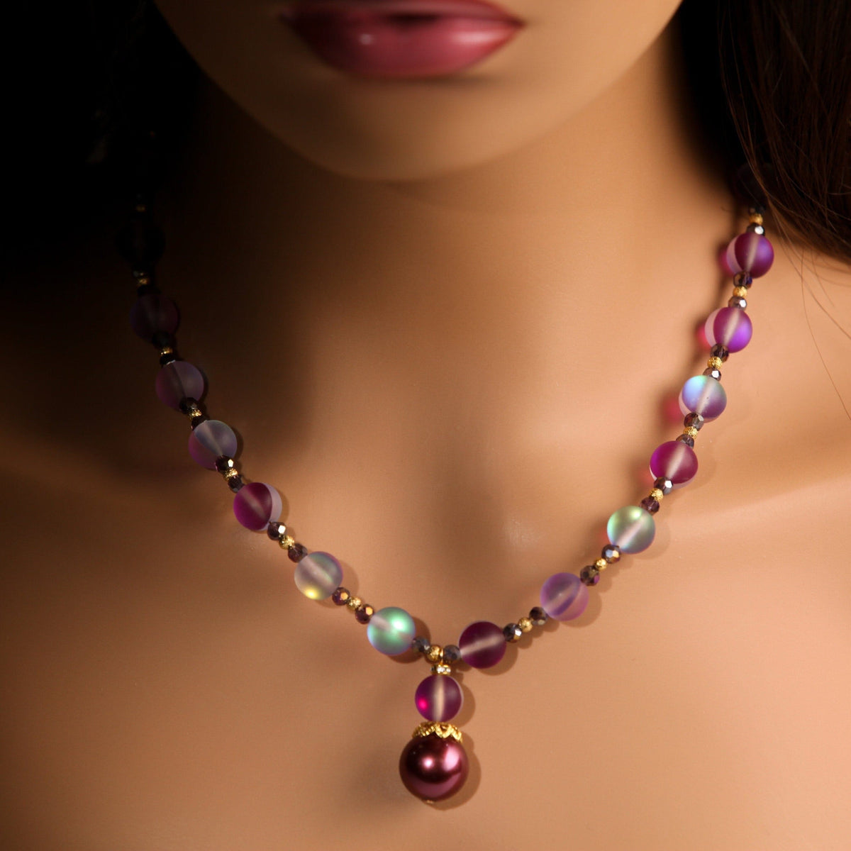 Matte Purple Sea Glass 10mm, South Sea Seashell Pearl, Matching Earrings Jewelry Set. 14mm Pearl Centerpiece 18" Necklace 2" Extension Chain