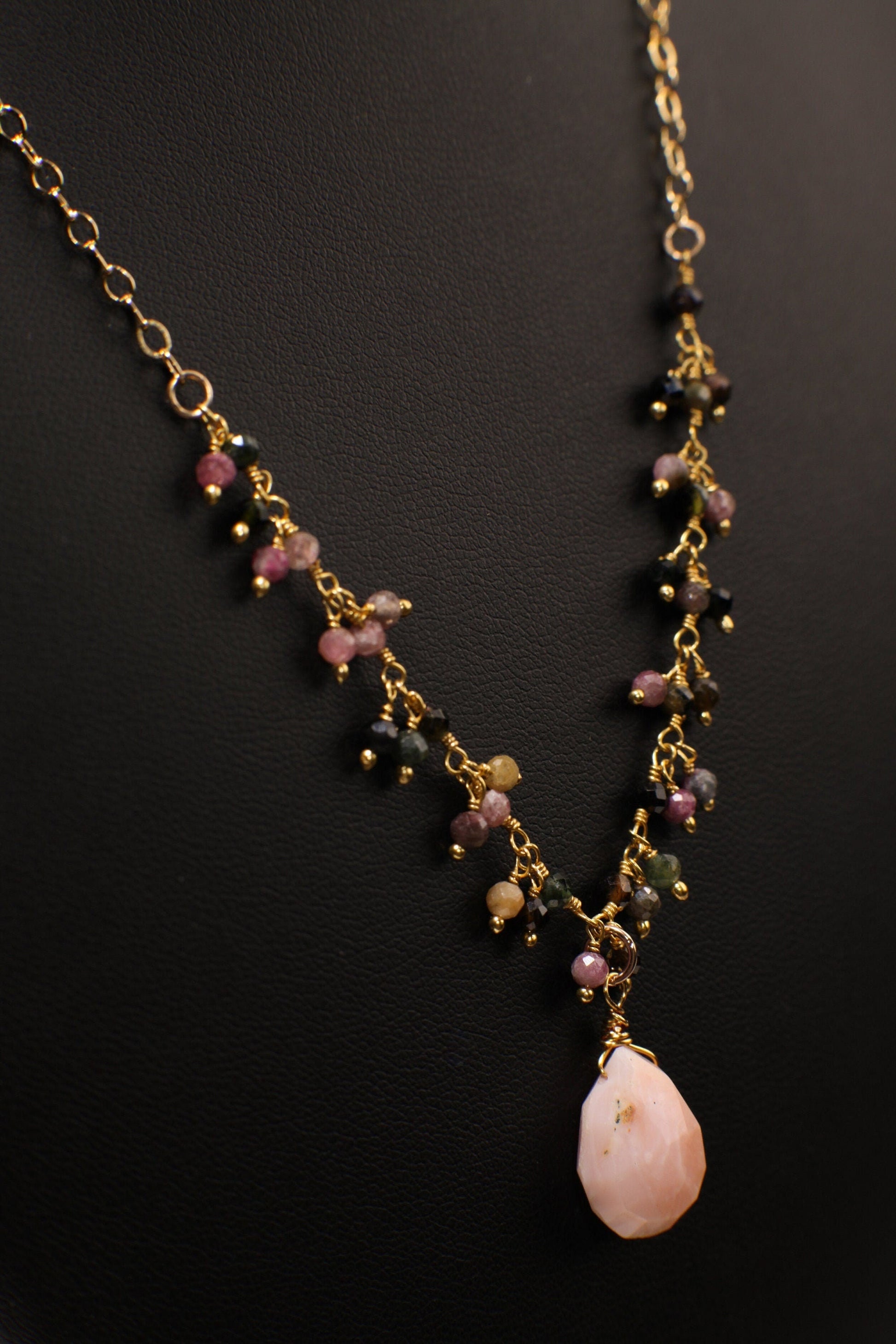 Pink Peruvian Wire Wrapped Opal Teardrop 10x14mm 14K Gold Filled Chain, Watermelon Tourmaline Cluster Chain 16&quot; Necklace