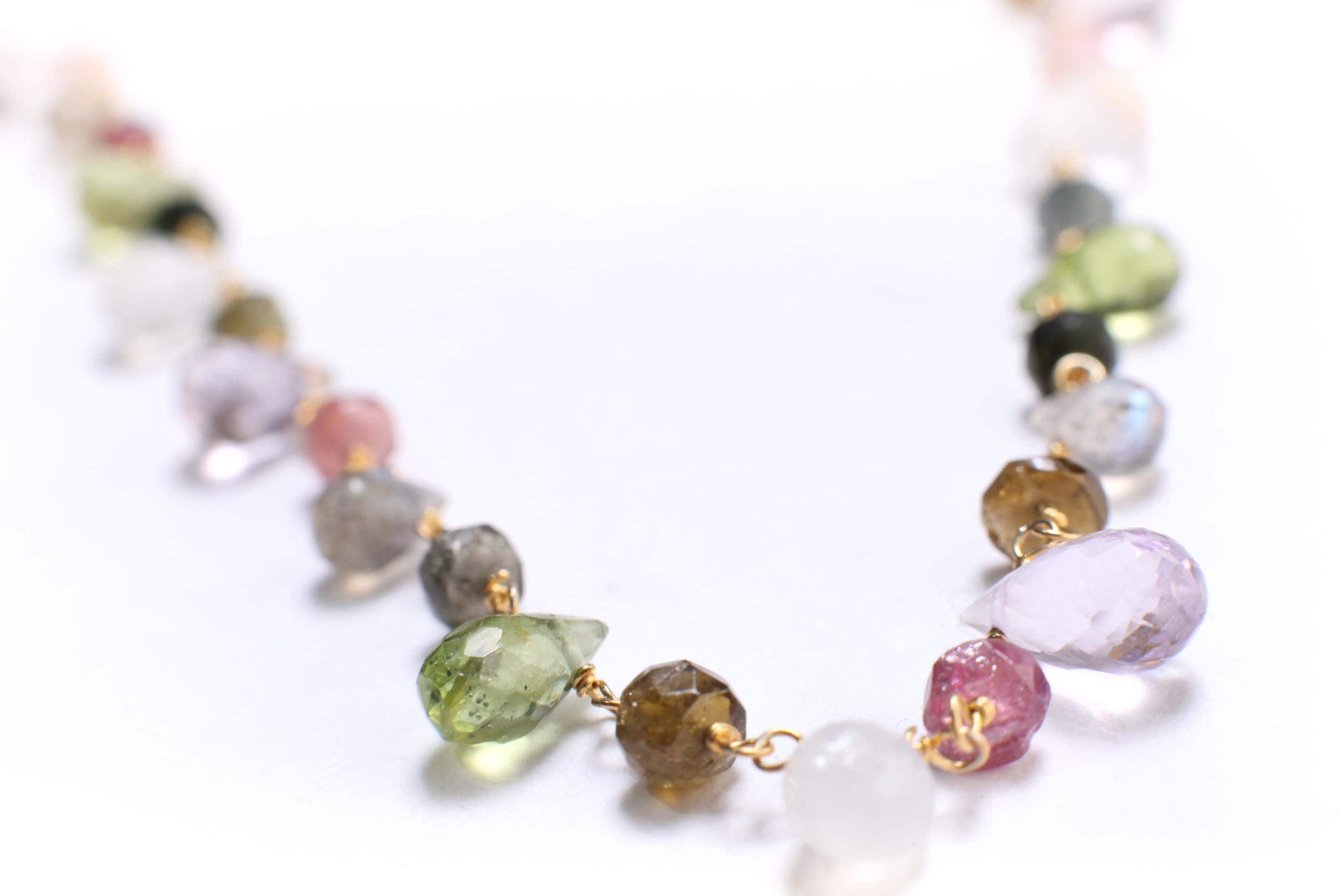 Multi Gemstones Necklace Wire Wrapped Faceted Peridot, Moonstone Briolette Drop 4x6-5x9mm,Rondelle in 14K Gold Filled Chain & Clasp Necklace