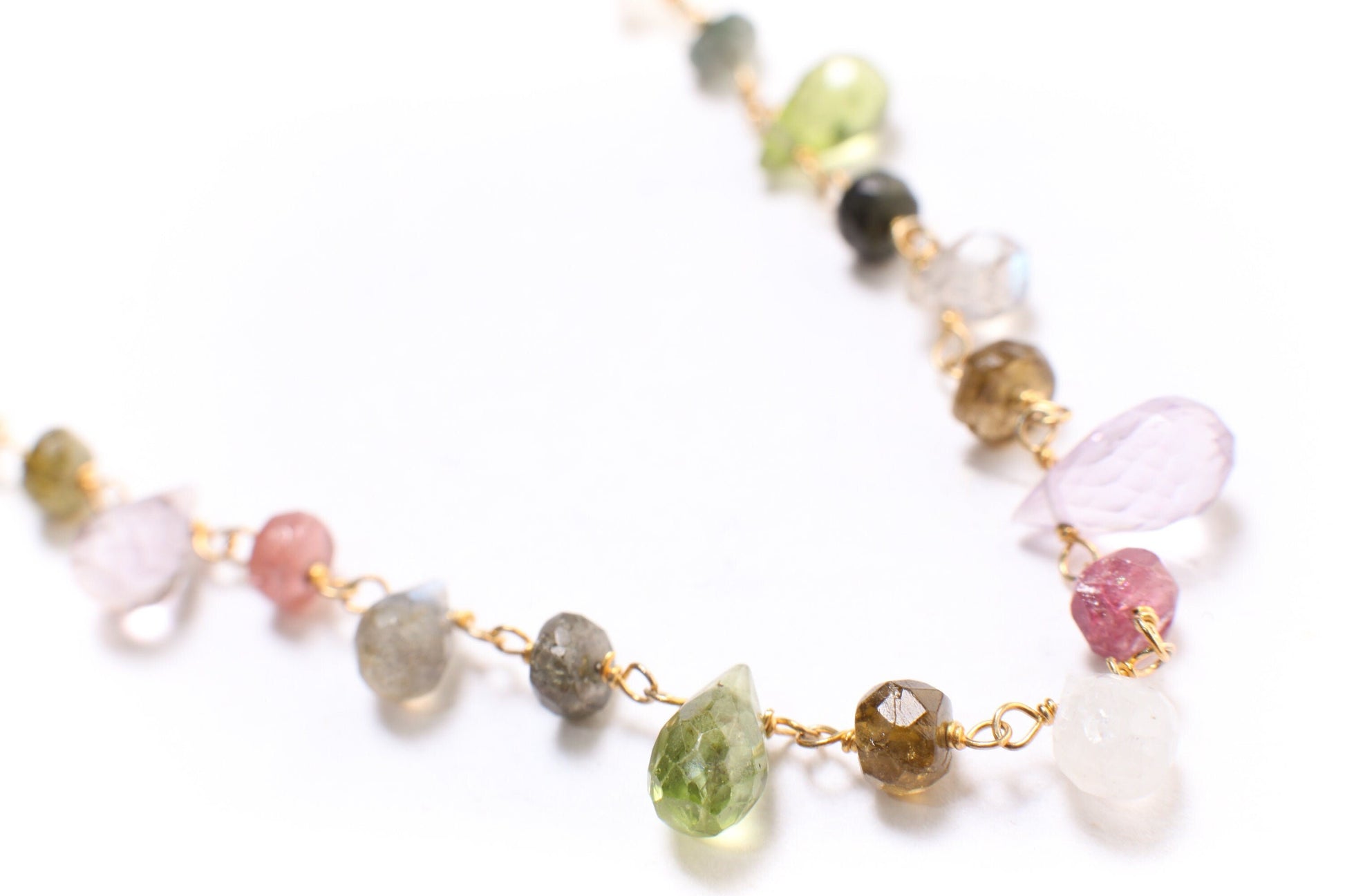 Multi Gemstones Necklace Wire Wrapped Faceted Peridot, Moonstone Briolette Drop 4x6-5x9mm,Rondelle in 14K Gold Filled Chain & Clasp Necklace