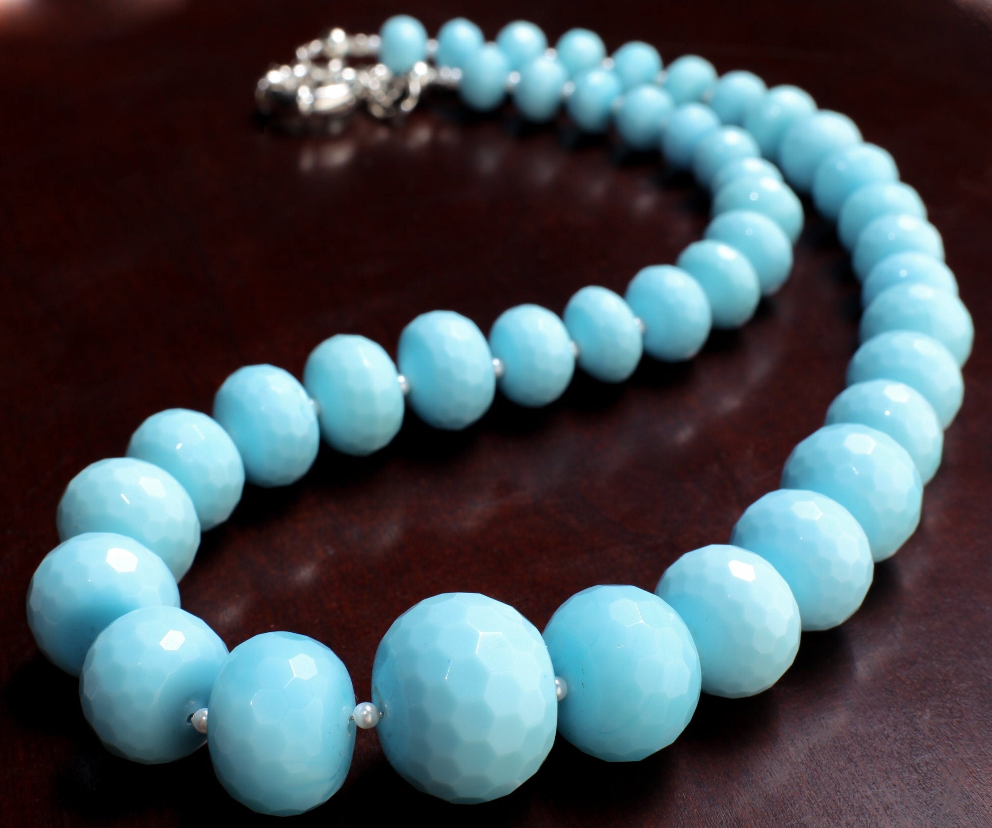 Turquoise Blue Quartz Faceted Graduated Rondelle 20.5" Necklace