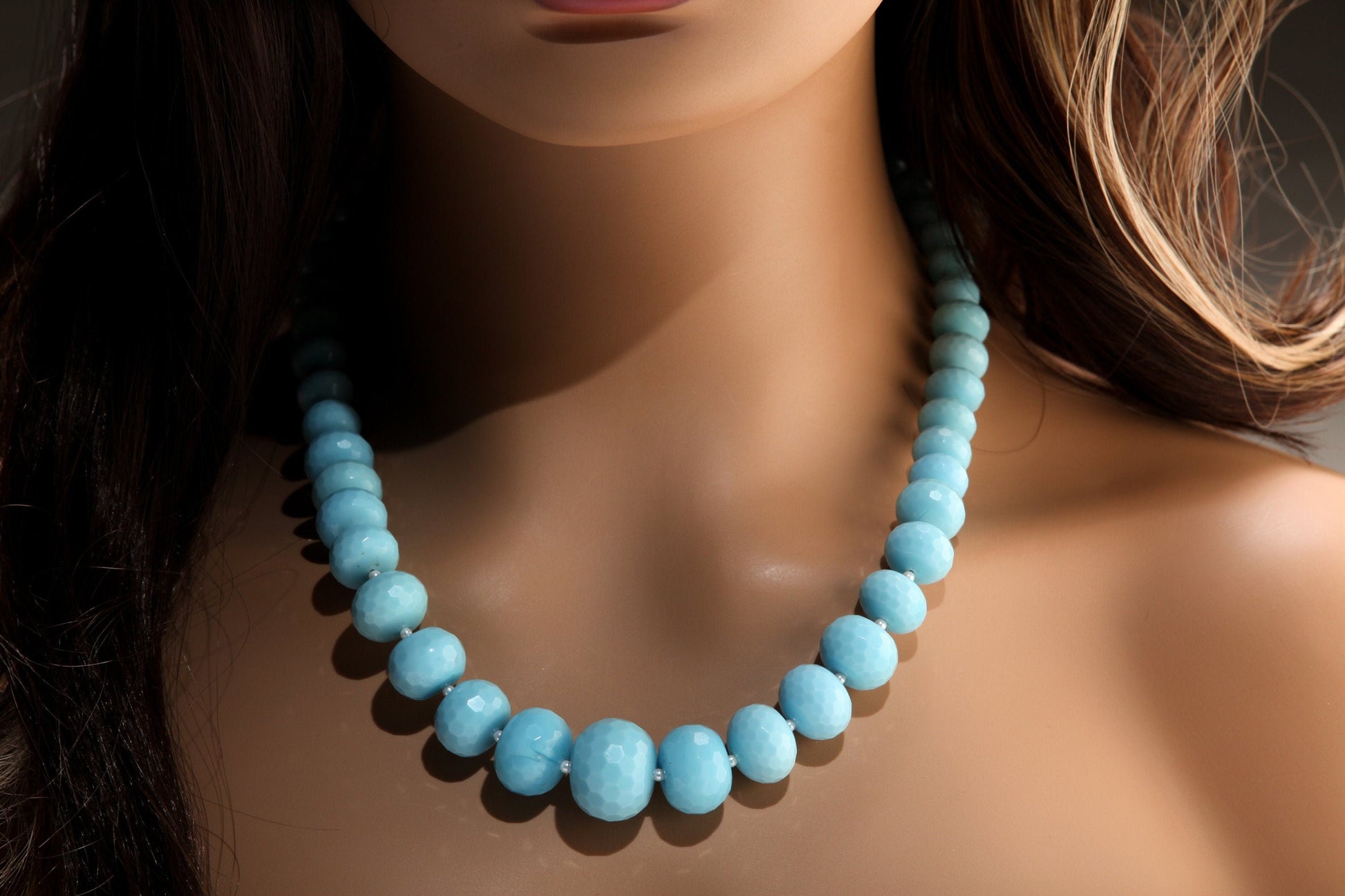 Turquoise Blue Quartz Faceted Graduated Rondelle 20.5&quot; Necklace