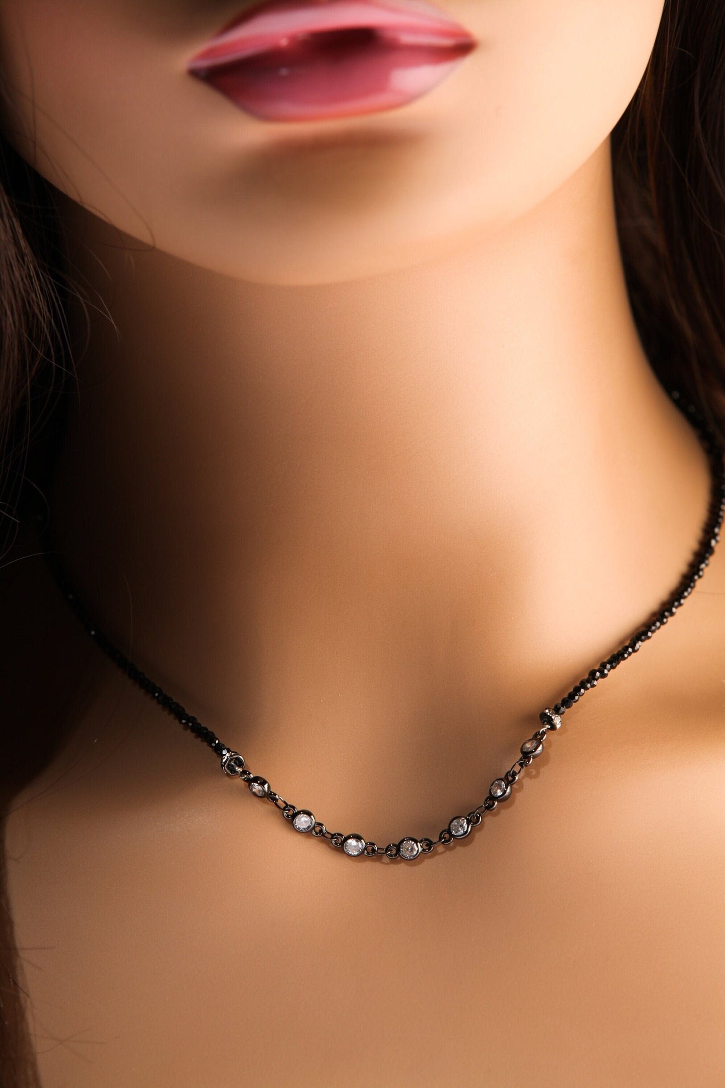 Black Spinel Diamond Cut Choker Necklace with 4mm Cubic Zirconia Disk and Rhinestone Spacers Necklace