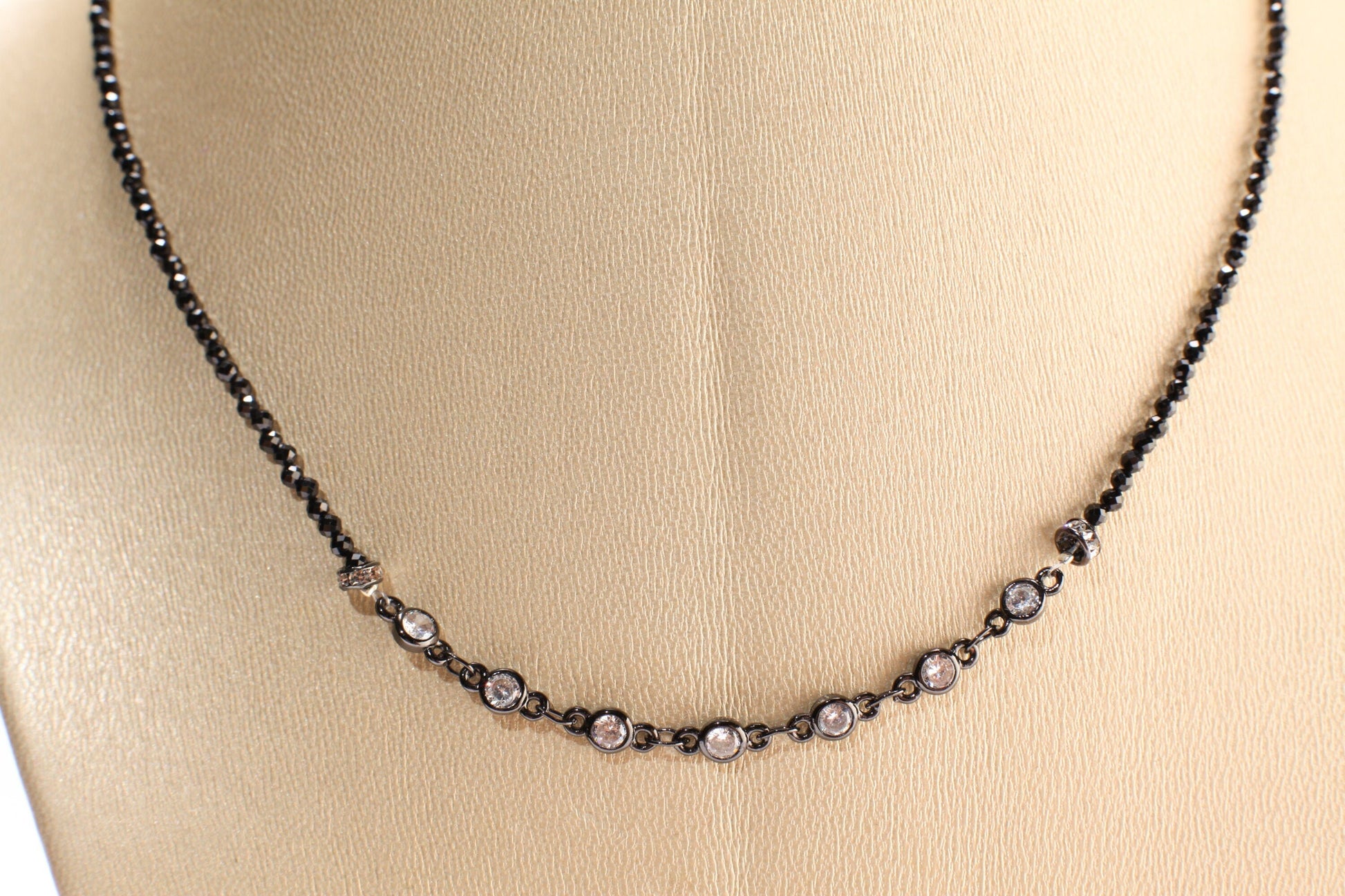 Black Spinel Diamond Cut Choker Necklace with 4mm Cubic Zirconia Disk and Rhinestone Spacers Necklace