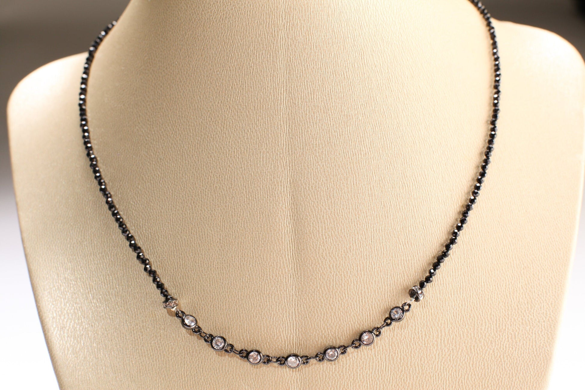 Black Spinel Diamond Cut Choker Necklace with 4mm Cubic Zirconia Disk and Rhinestone Spacers Necklace