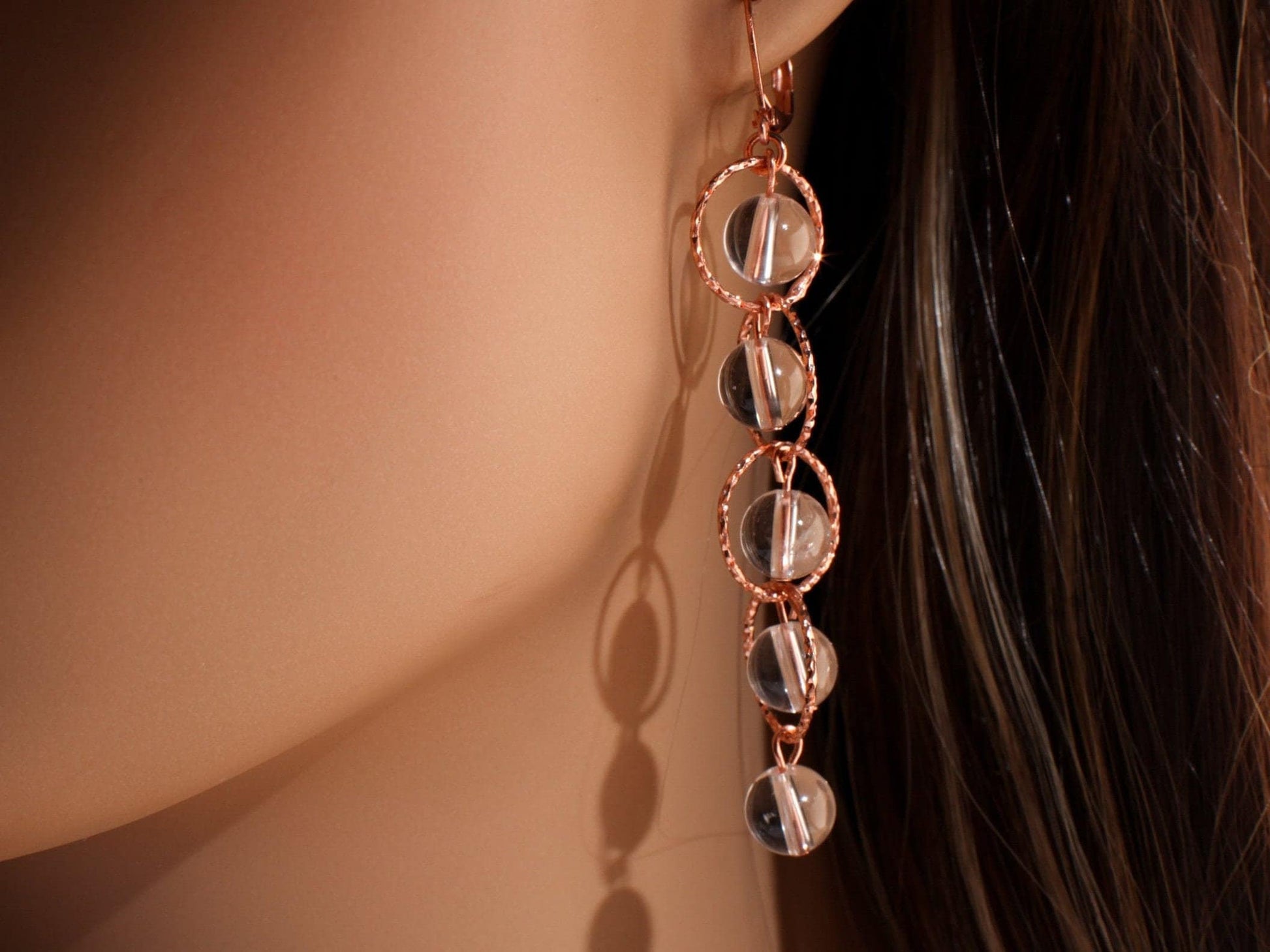 Brazilian Rock Crystal Clear Quartz Dangling Rose Gold Circle Earrings