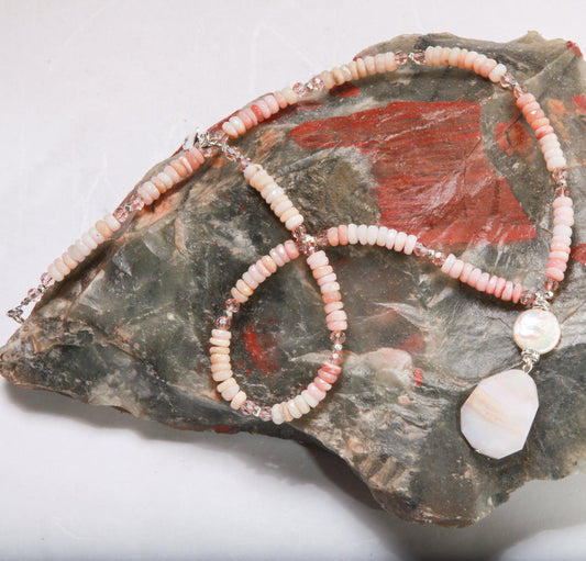 Pink Peruvian Opal Faceted Rondelle Necklace with dangling Free Form Opal Pendant and Accented with Freshwater Coin Pearl in 20" Necklace
