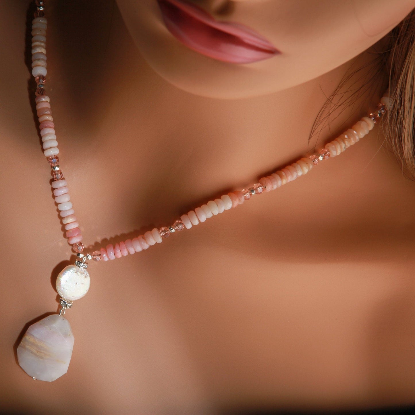 Pink Peruvian Opal Faceted Rondelle Necklace with dangling Free Form Opal Pendant and Accented with Freshwater Coin Pearl in 20" Necklace
