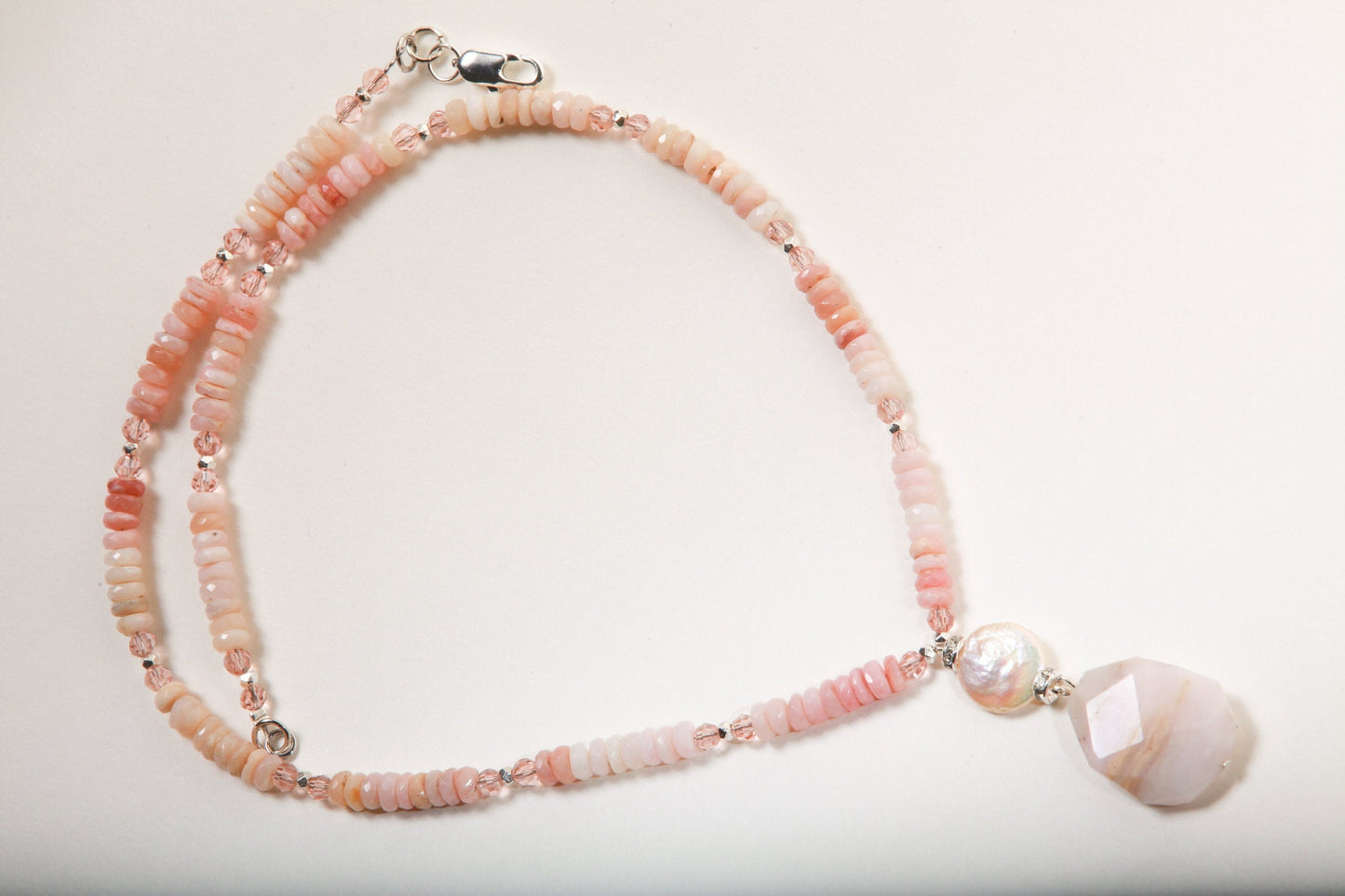 Pink Peruvian Opal Faceted Rondelle Necklace with dangling Free Form Opal Pendant and Accented with Freshwater Coin Pearl in 20" Necklace