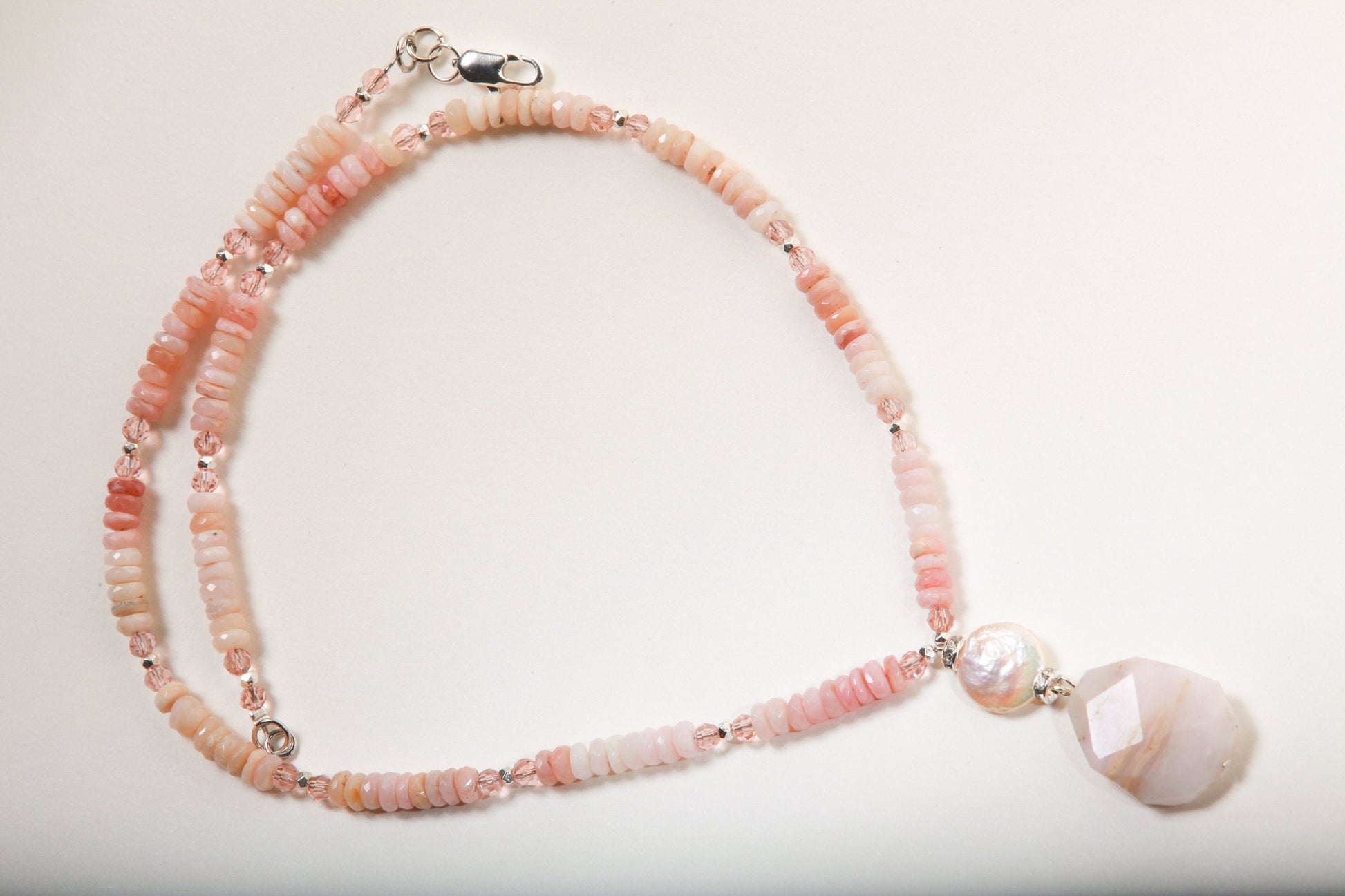 Pink Peruvian Opal Faceted Rondelle Necklace with dangling Free Form Opal Pendant and Accented with Freshwater Coin Pearl in 20" Necklace