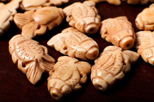 Carved Buffalo Bone Gold Fish, Tropical Fish 18x25mm, Hand Crafted Animal Figurine Drilled Bead, Art Deco