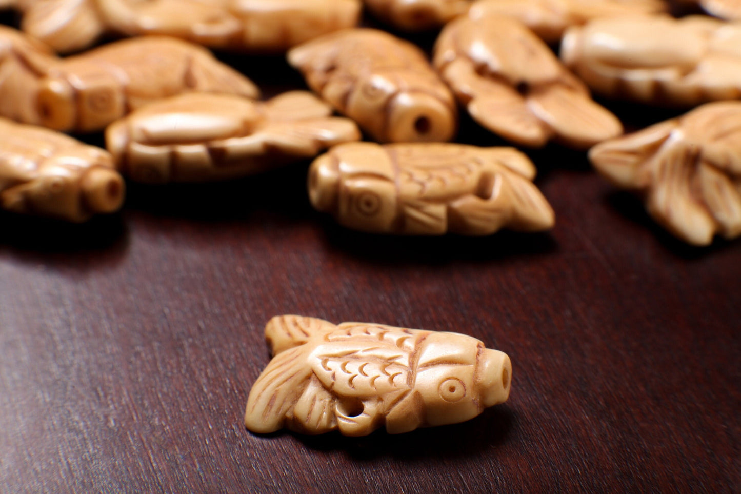 Carved Buffalo Bone Gold Fish, Tropical Fish 18x25mm, Hand Crafted Animal Figurine Drilled Bead, Art Deco