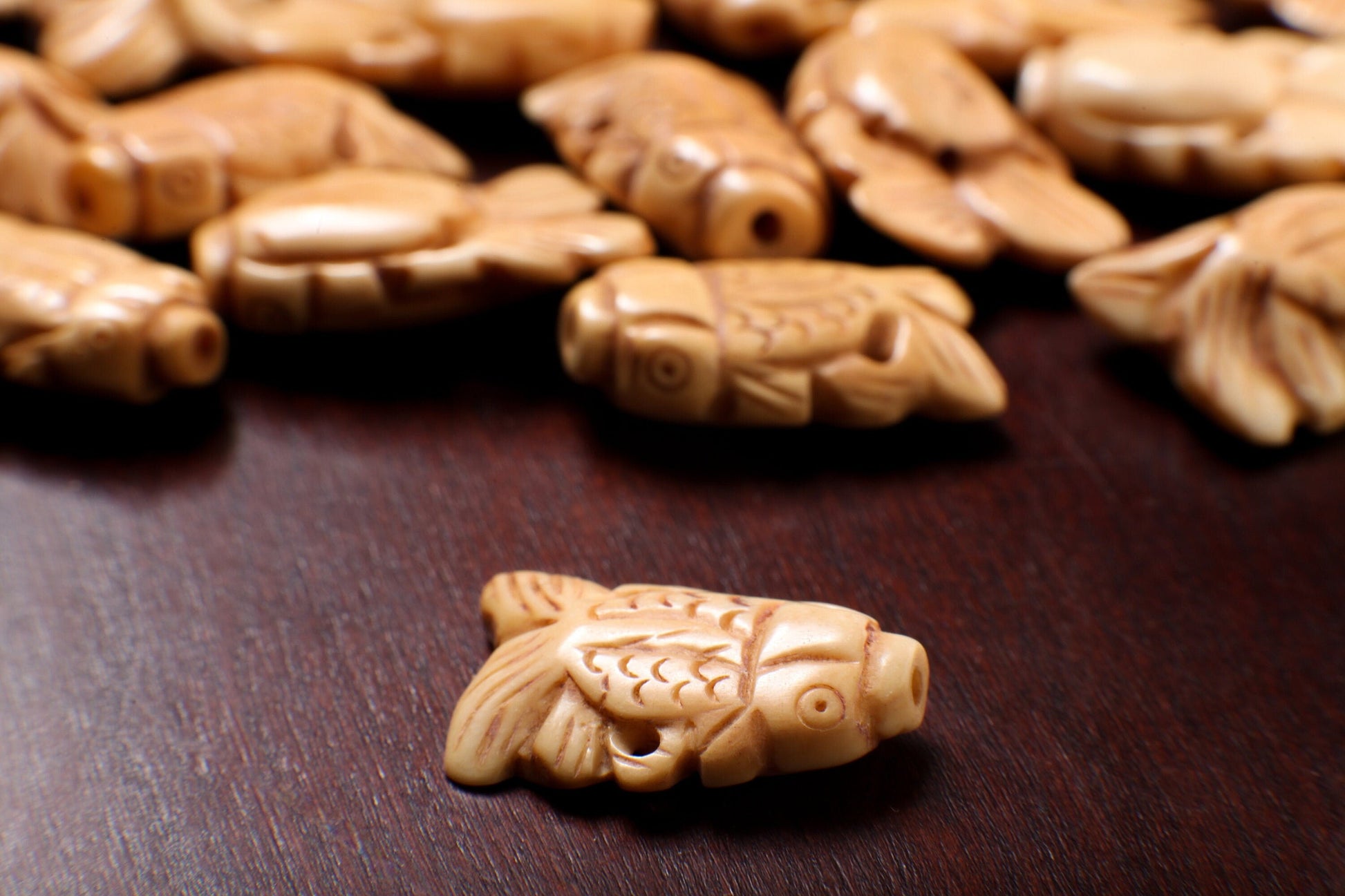 Carved Buffalo Bone Gold Fish, Tropical Fish 18x25mm, Hand Crafted Animal Figurine Drilled Bead, Art Deco