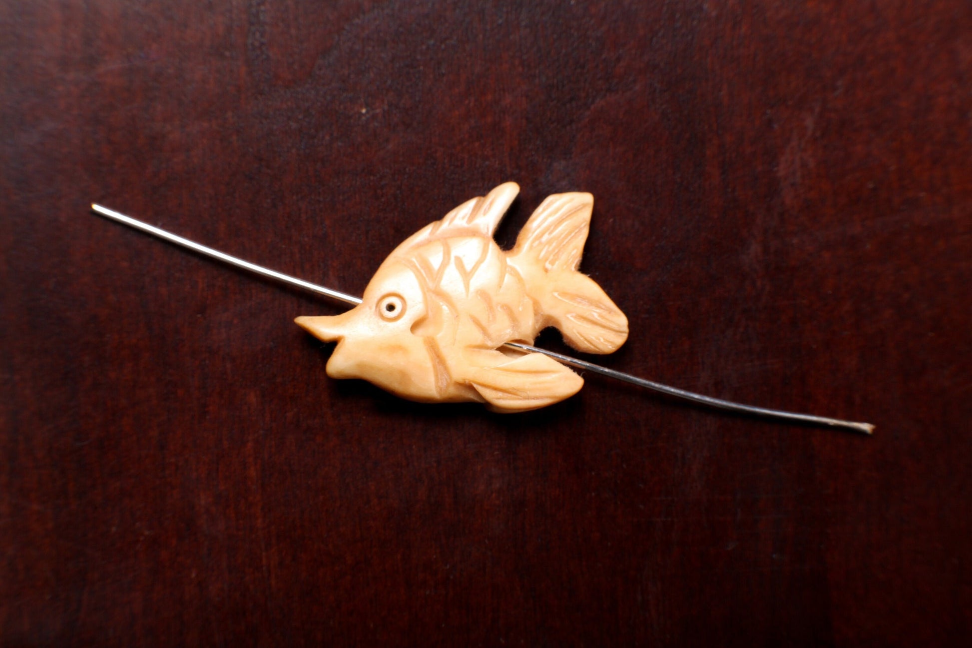 Carved Buffalo Bone Gold Fish, Tropical Fish 18x25mm, Hand Crafted Animal Figurine Drilled Bead, Art Deco