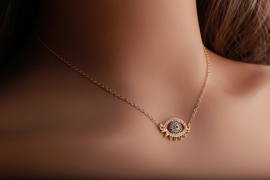 Evil Eye CZ Pendant 14K Gold Filled Chain Necklace, Evil Eye Protection Charm Necklace, Cubic Zirconia Jewelry Gold Lucky Charm Necklace