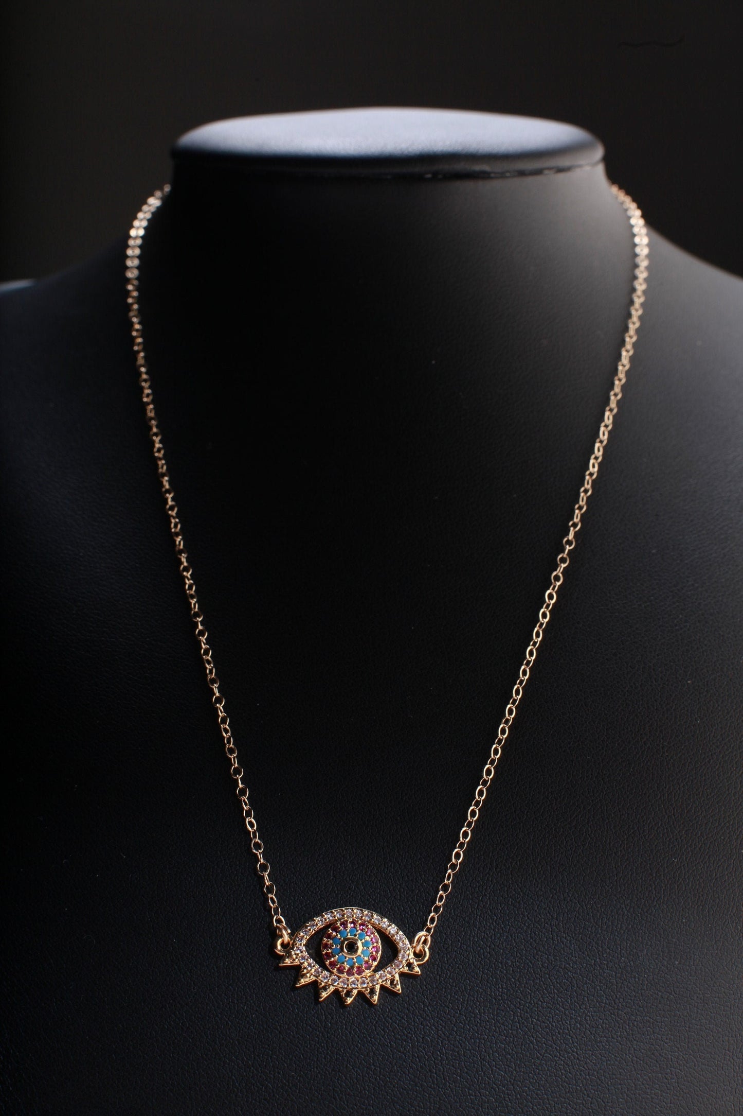 Evil Eye CZ Pendant 14K Gold Filled Chain Necklace, Evil Eye Protection Charm Necklace, Cubic Zirconia Jewelry Gold Lucky Charm Necklace