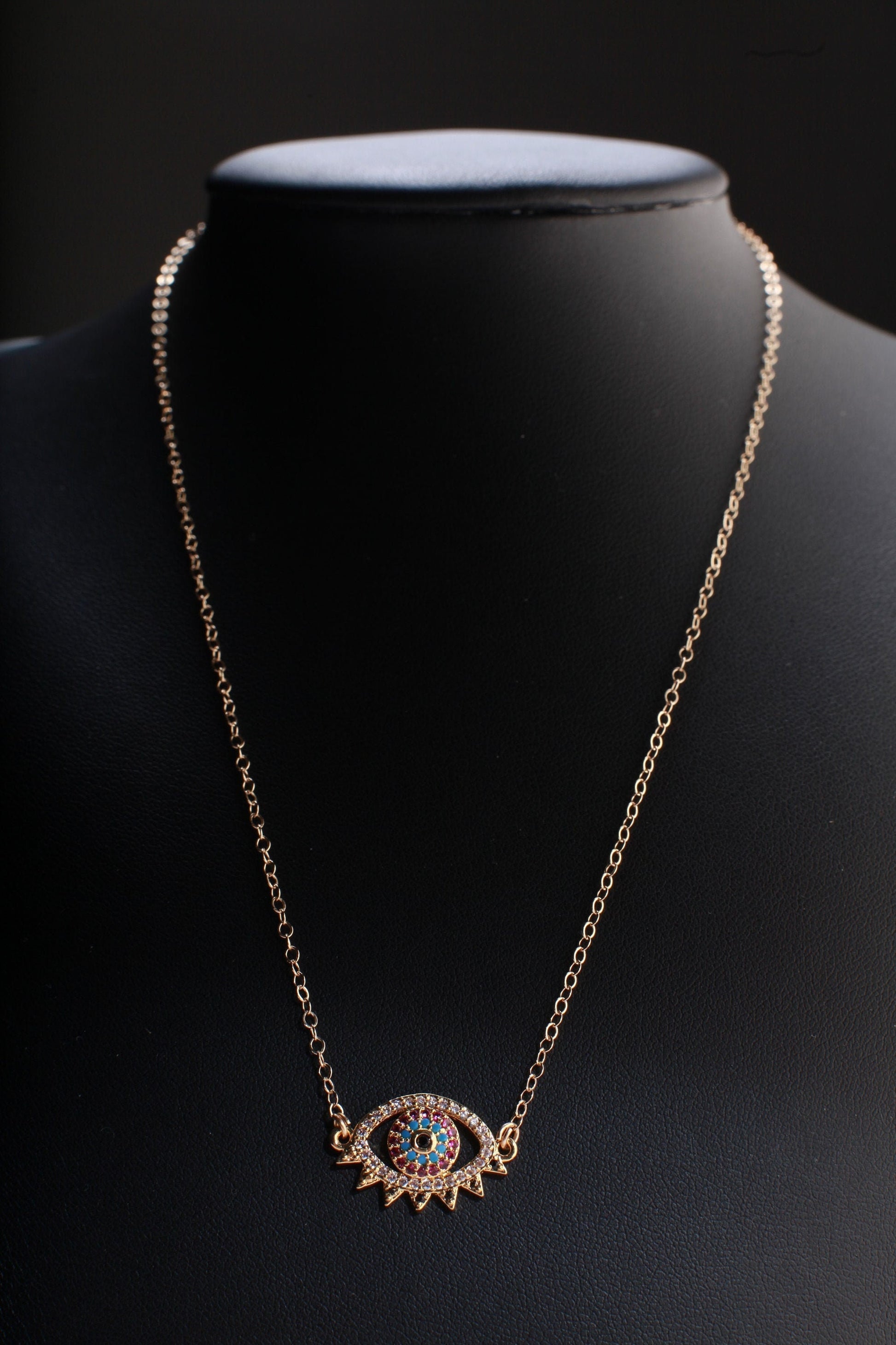 Evil Eye CZ Pendant 14K Gold Filled Chain Necklace, Evil Eye Protection Charm Necklace, Cubic Zirconia Jewelry Gold Lucky Charm Necklace