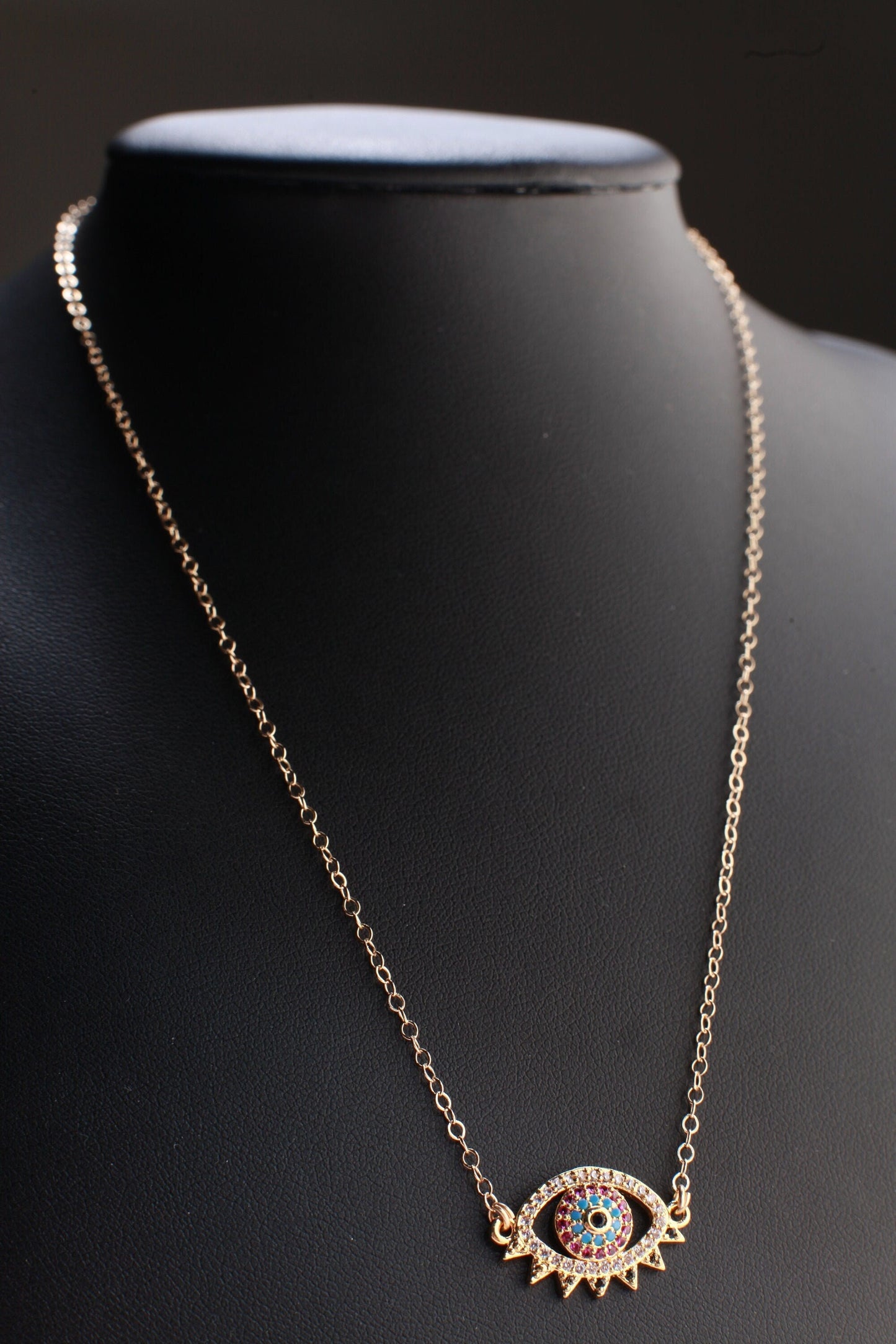 Evil Eye CZ Pendant 14K Gold Filled Chain Necklace, Evil Eye Protection Charm Necklace, Cubic Zirconia Jewelry Gold Lucky Charm Necklace