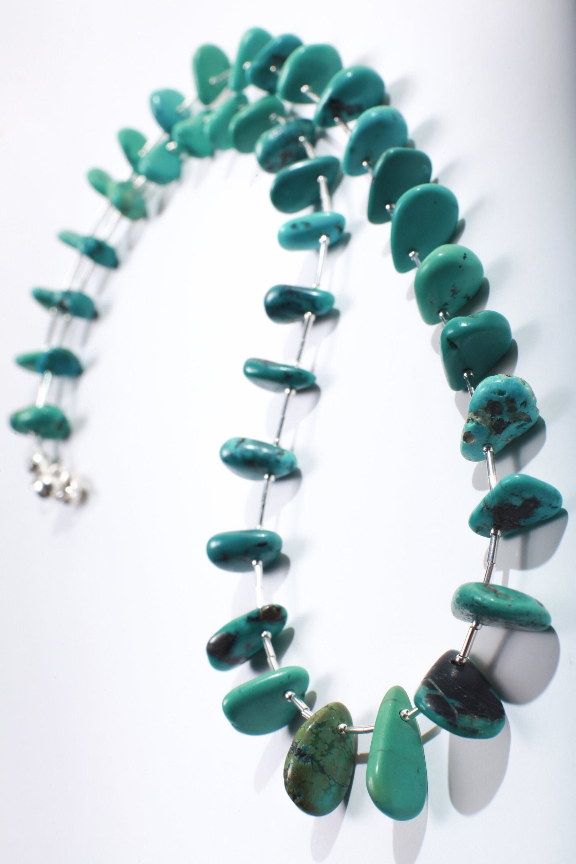 Natural Tibetan Turquoise Teardrop Necklace with 925 Sterling Silver Clasp and Liquid Silver 21" Navajo Fetish Necklace