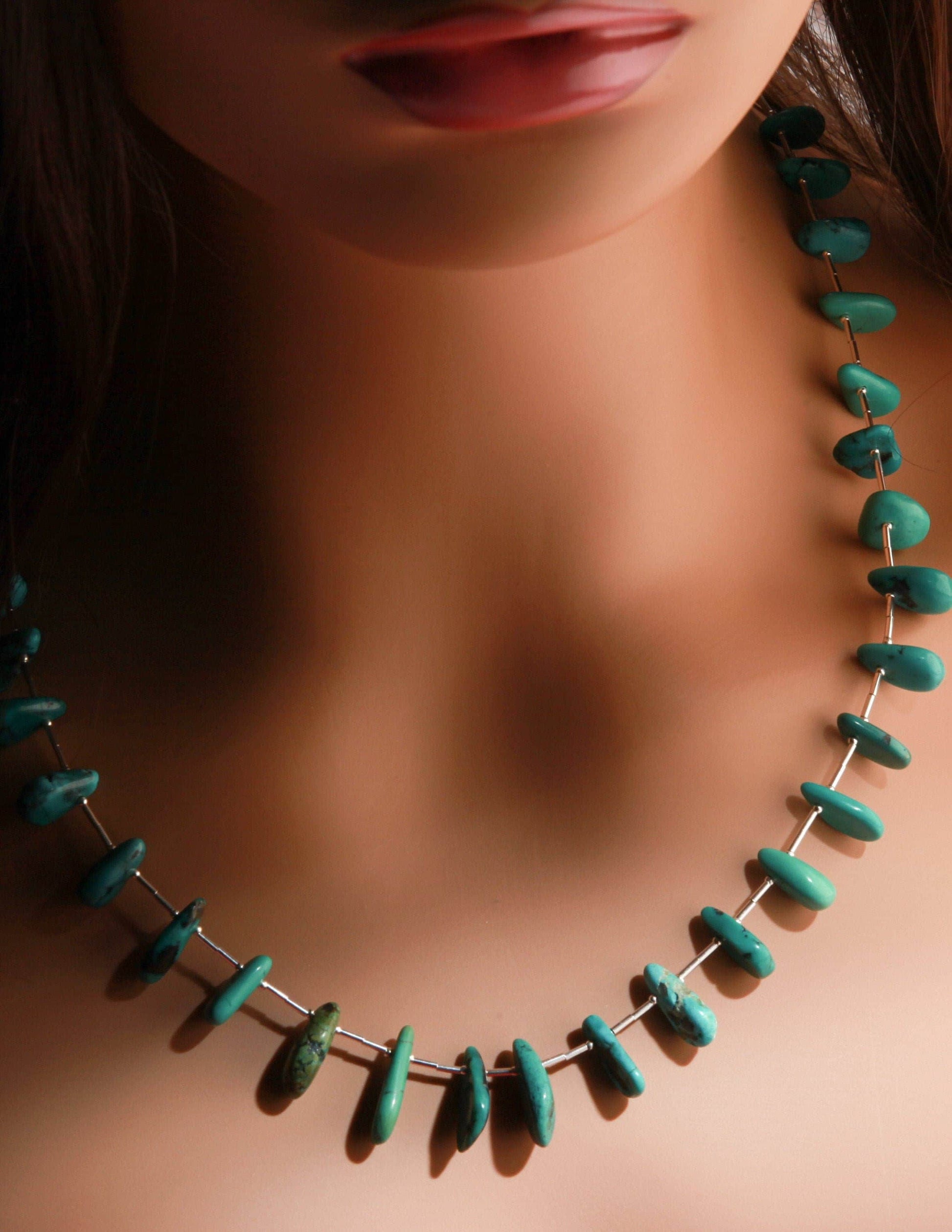Natural Tibetan Turquoise Teardrop Necklace with 925 Sterling Silver Clasp and Liquid Silver 21&quot; Navajo Fetish Necklace